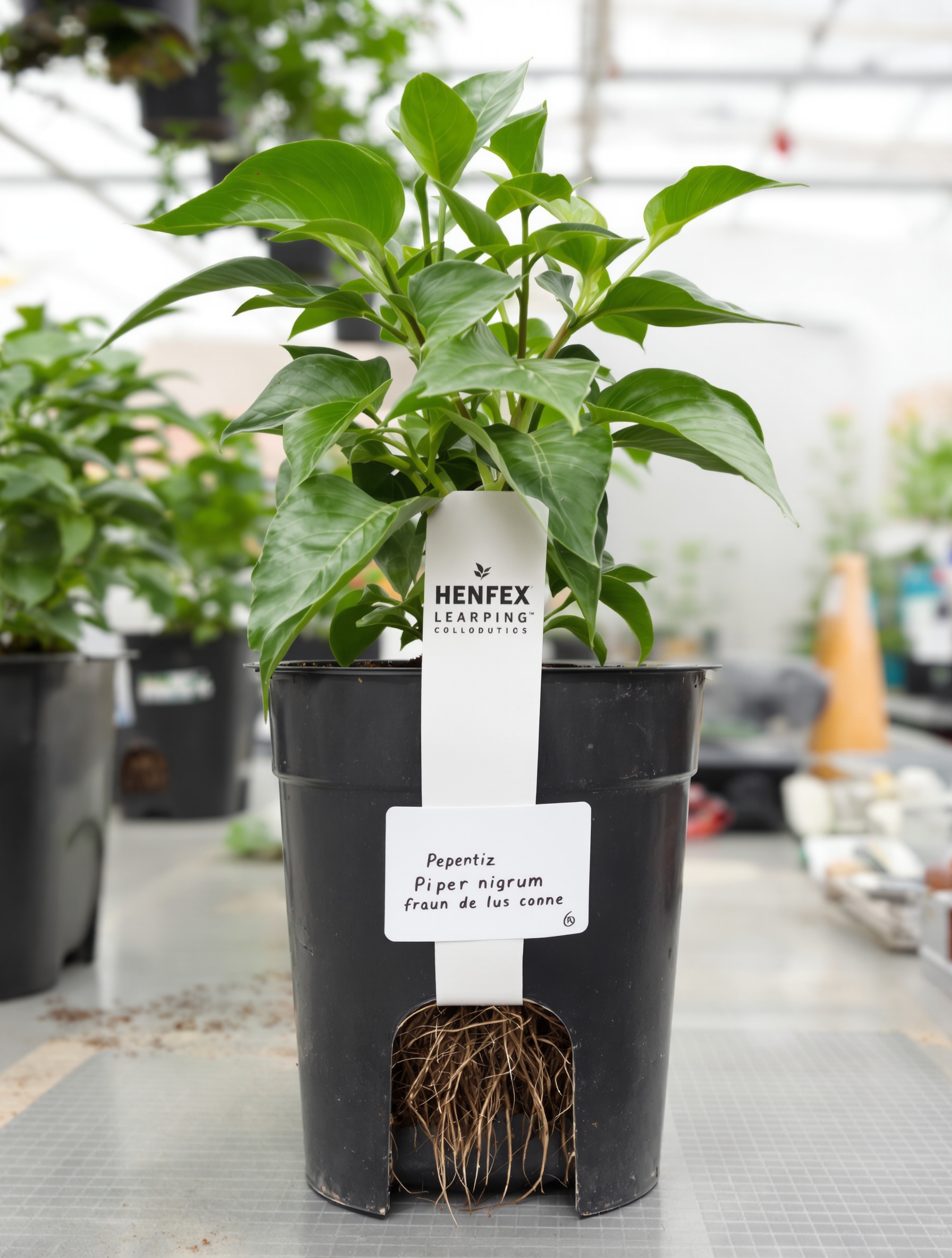 Jeune plant sain de poivrier sur table de pépinière.