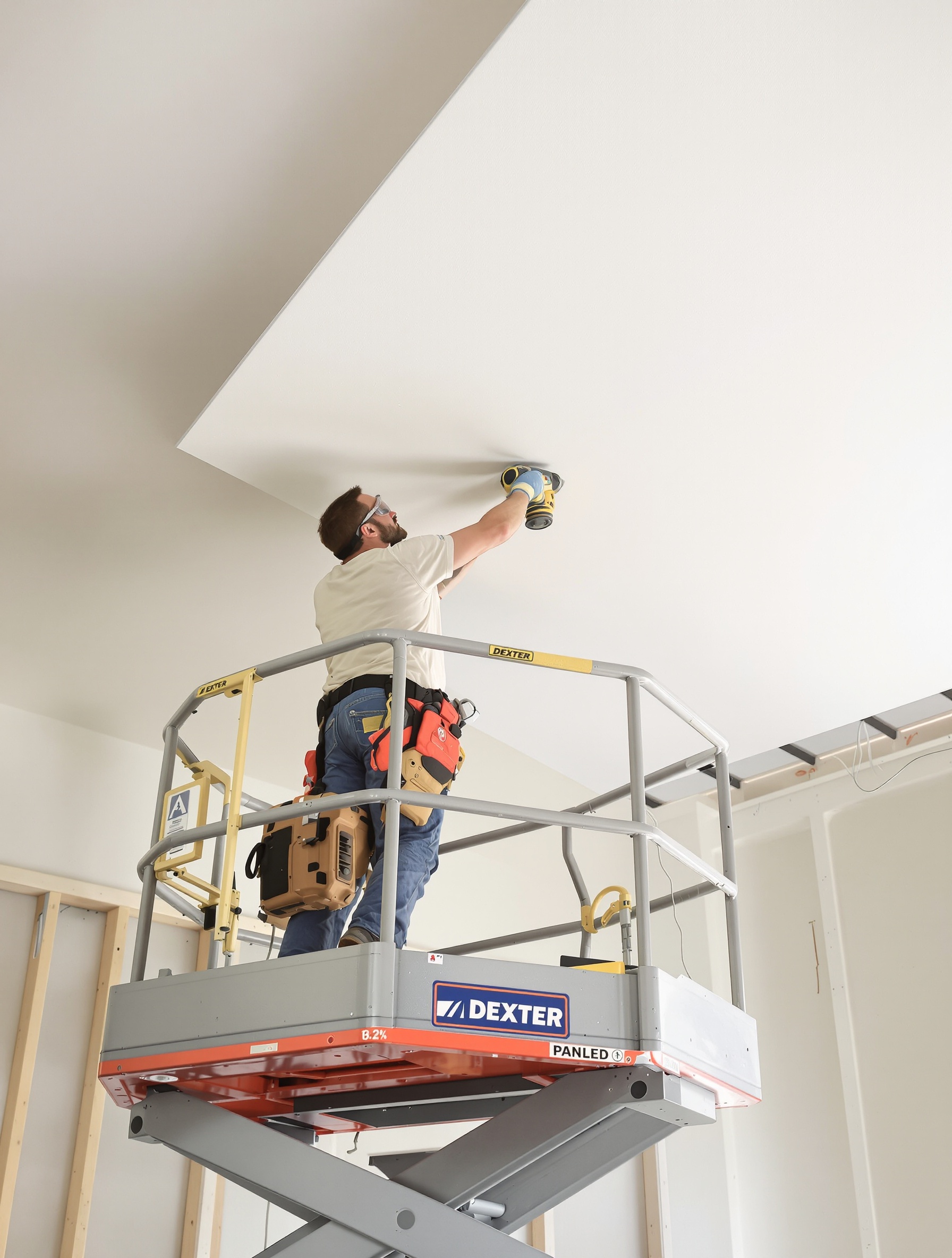 Vissage précis d'une plaque de plâtre au plafond avec lève-plaque Dexter