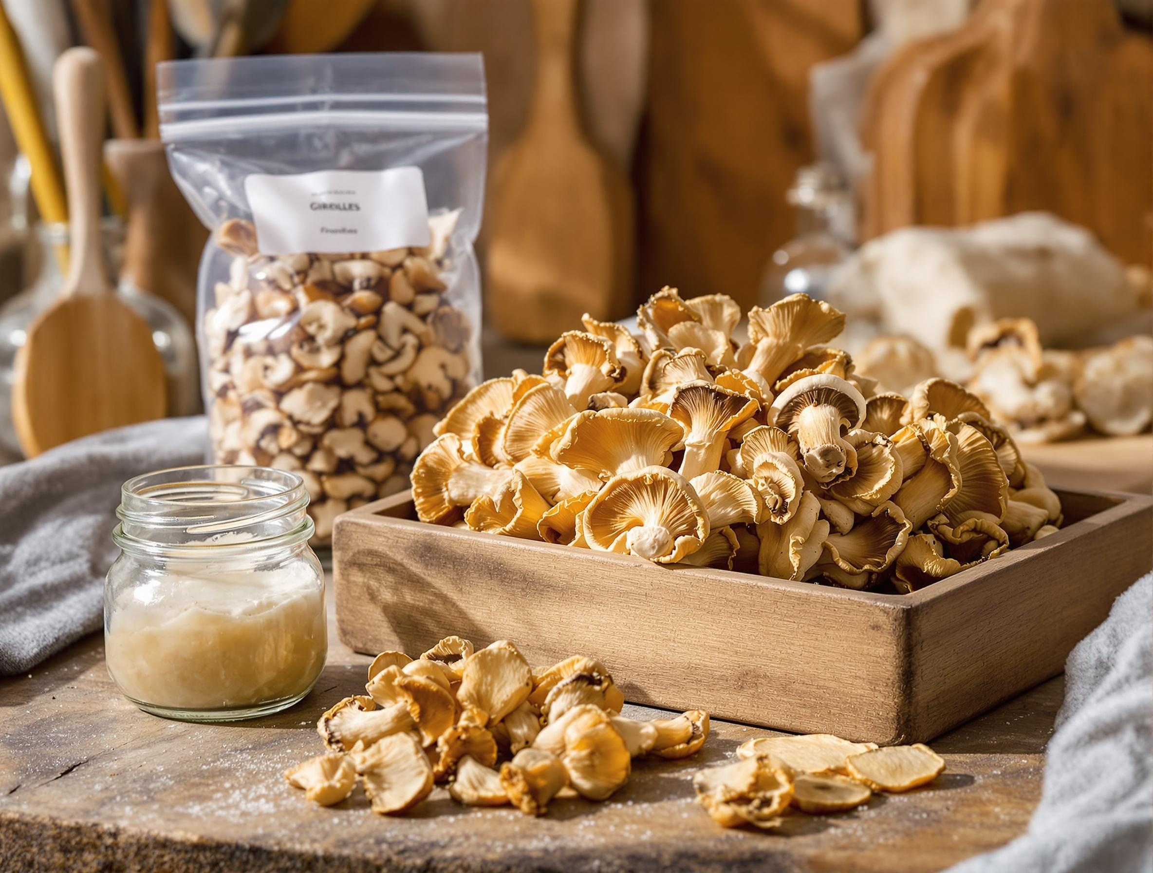Plateau de girolles fraîches, accompagné d’un bocal en graisse maison, d’un sachet surgelé et de lamelles séchées.