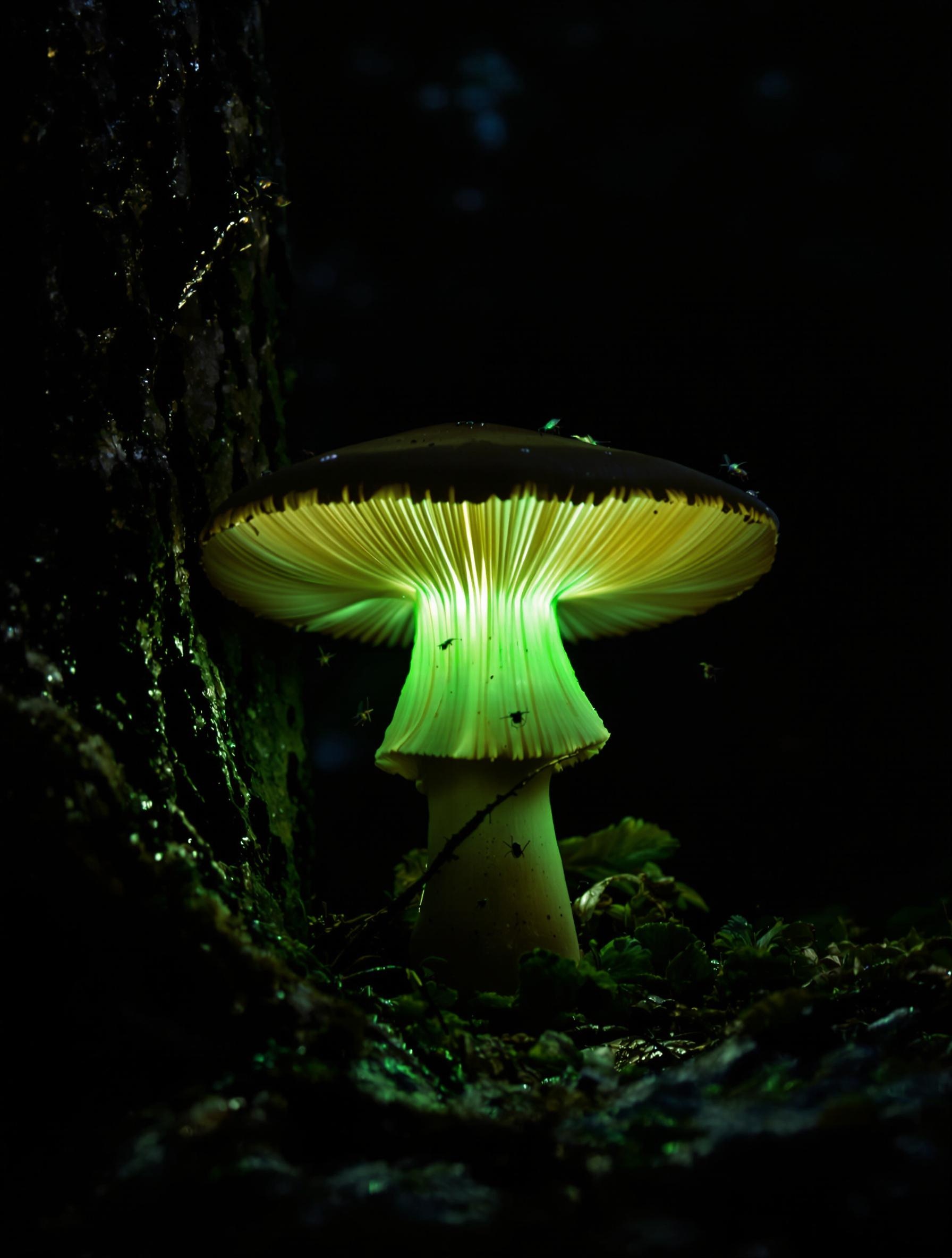 Pleurote de l'olivier brillant d'une lumière verte dans l'obscurité.