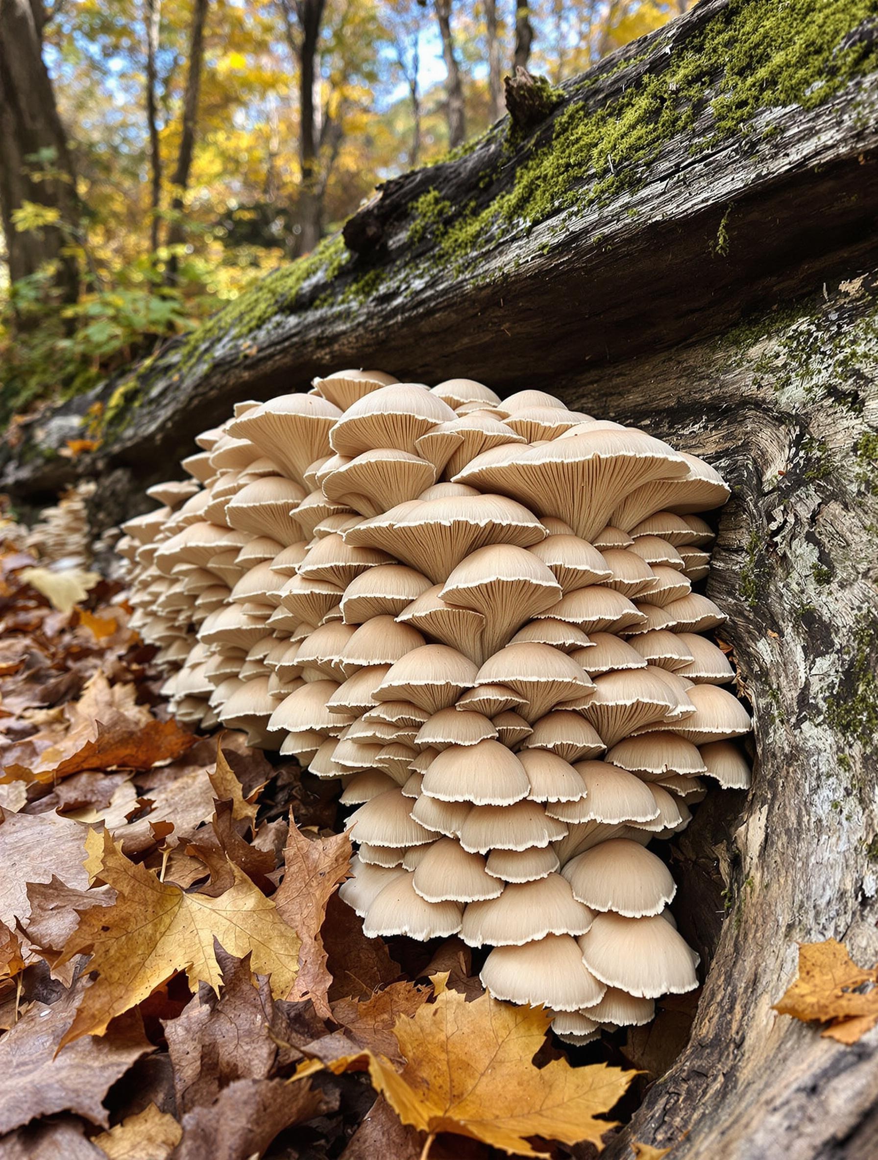 Pleurotes de l'olivier sur bois mort, typique des forêts méditerranéennes.