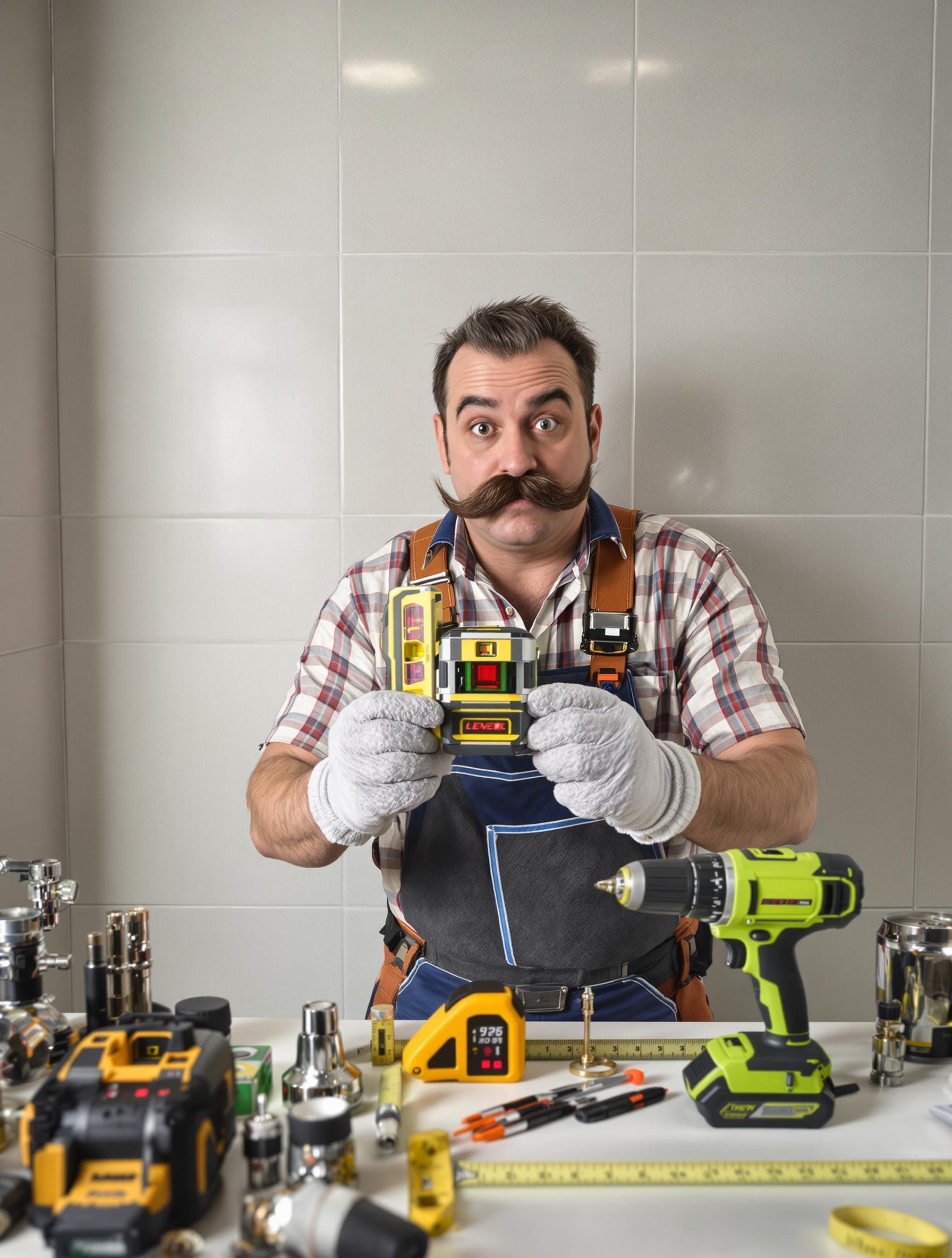 Plombier équipé d’un niveau laser et d’outils complets devant un mur de salle de bains.