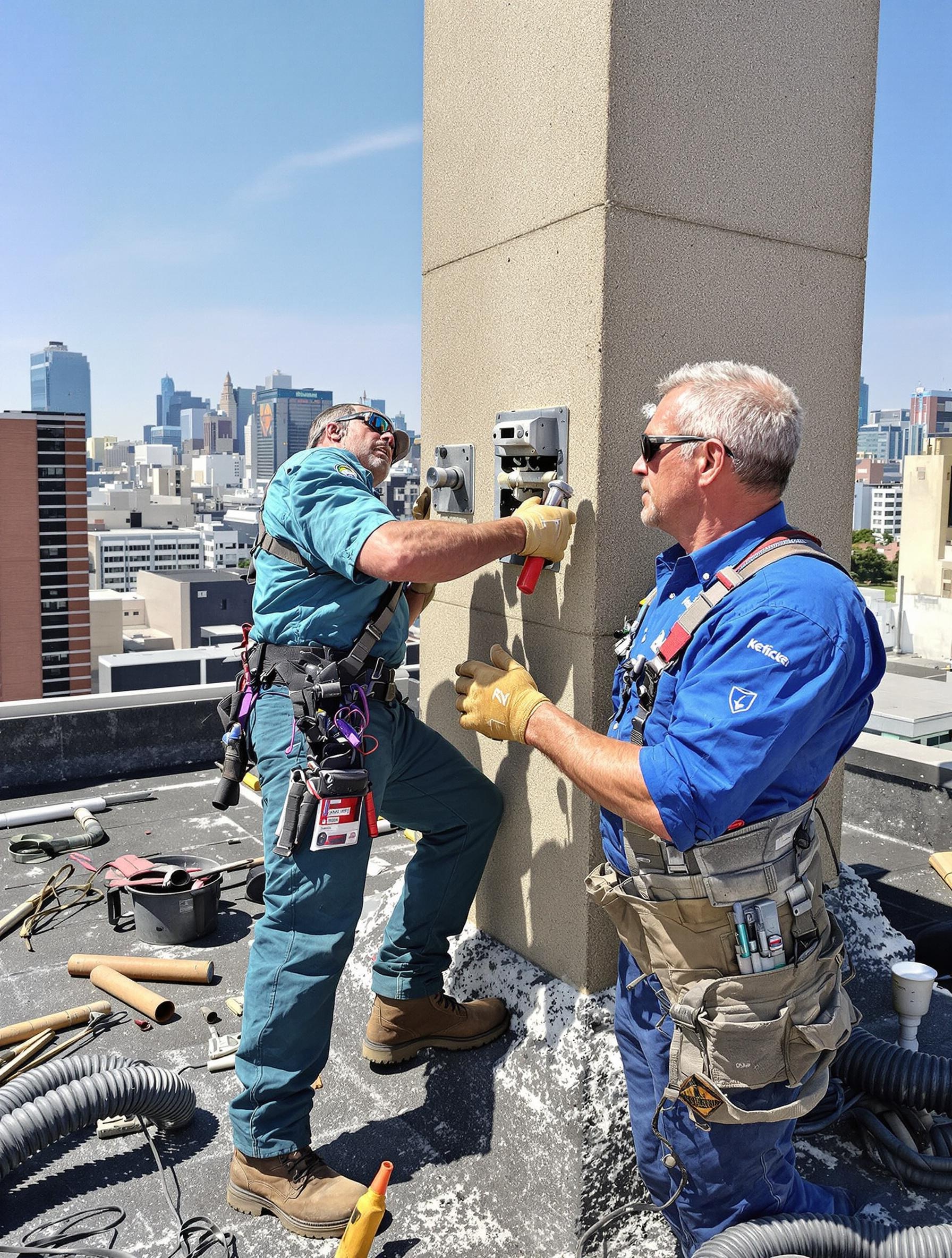 Plombier chevronné vérifiant la ventilation de chute sur un toit, outils à la main