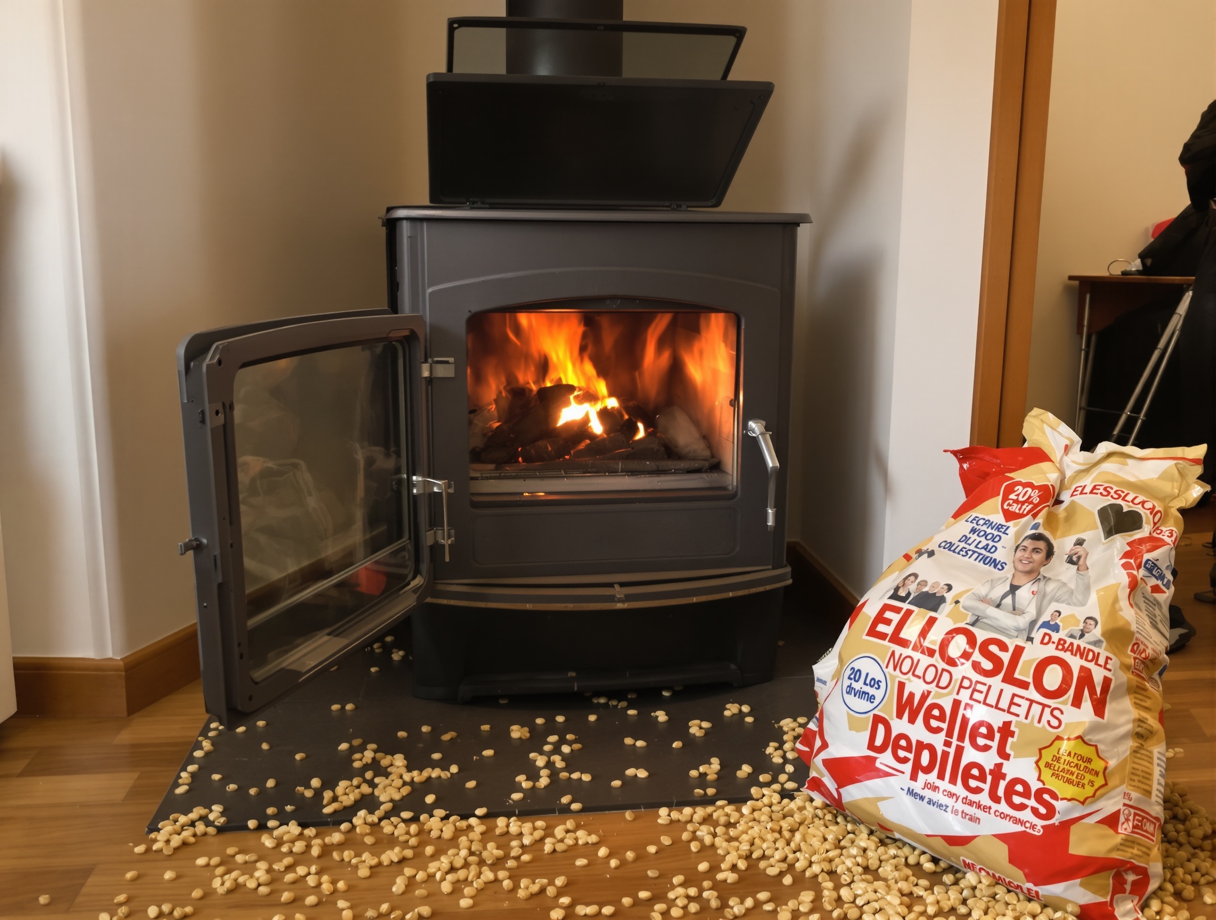 utilisateur perplexe devant un poêle à granulés et sac de granulés bas de gamme renversé
