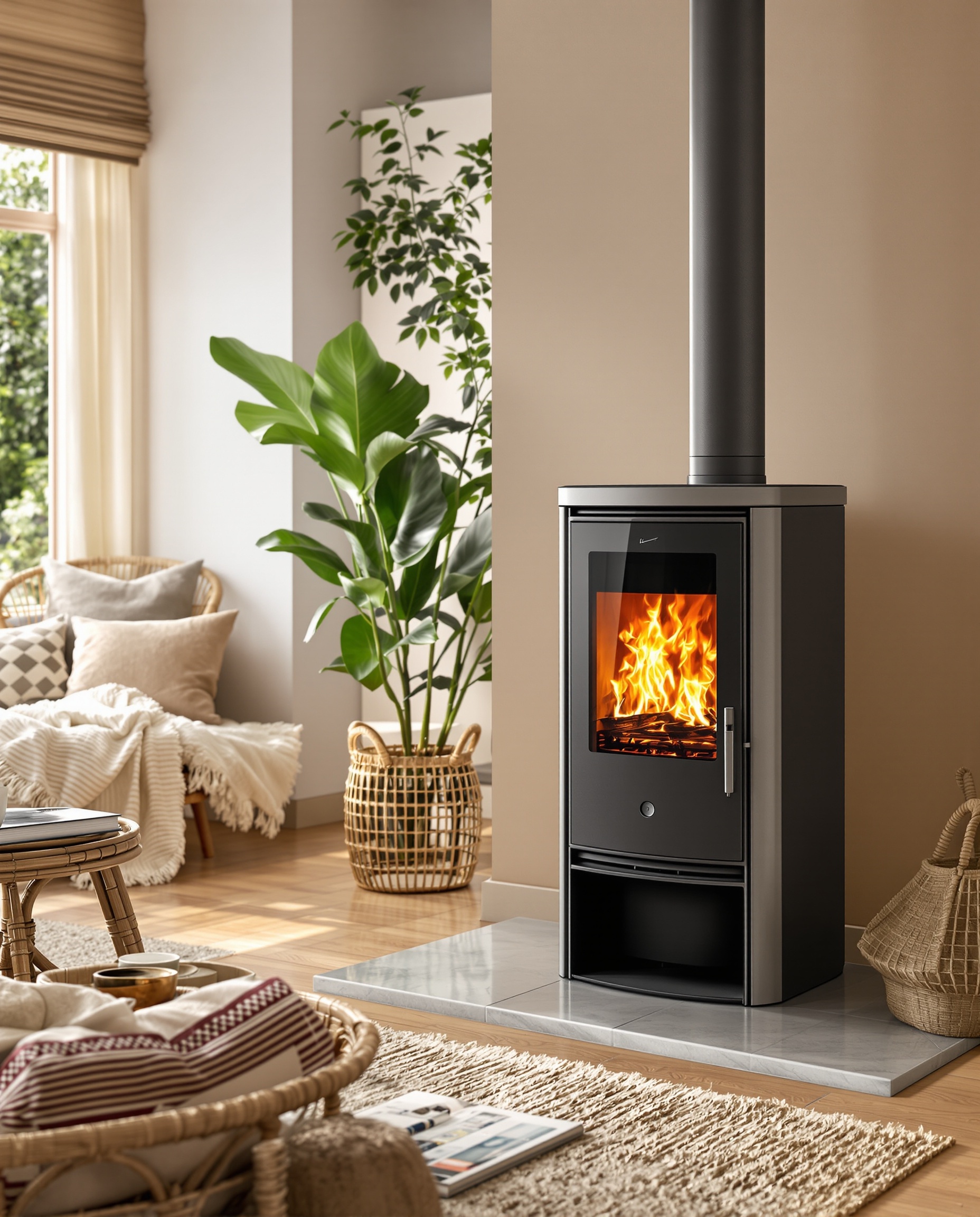 poêle à granulés design, propre, flamme visible, salon bohème confortable