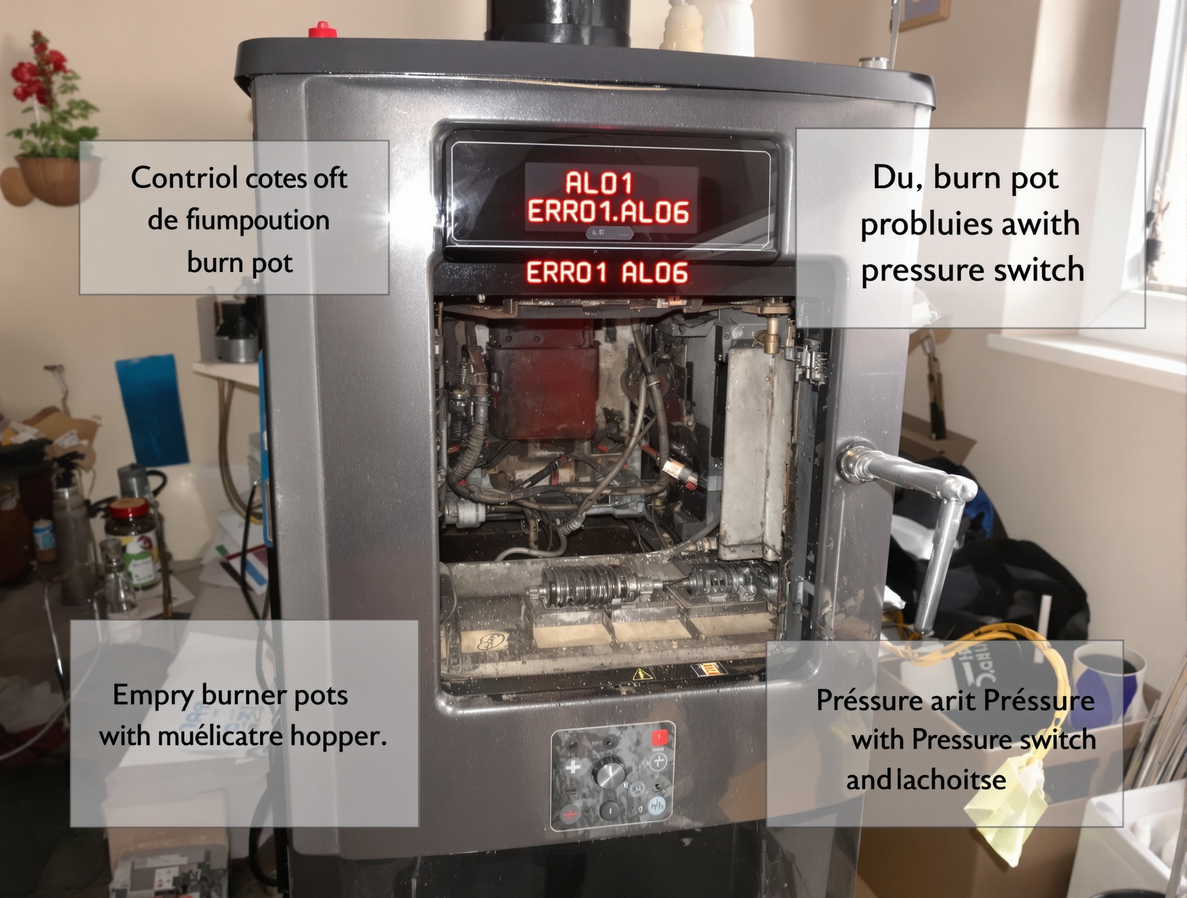 poêle à granulés affichant des codes erreur, ambiance maison en désordre