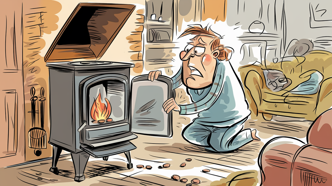 utilisateur vérifie le réservoir vide d'un poêle à granulés, ambiance désordonnée