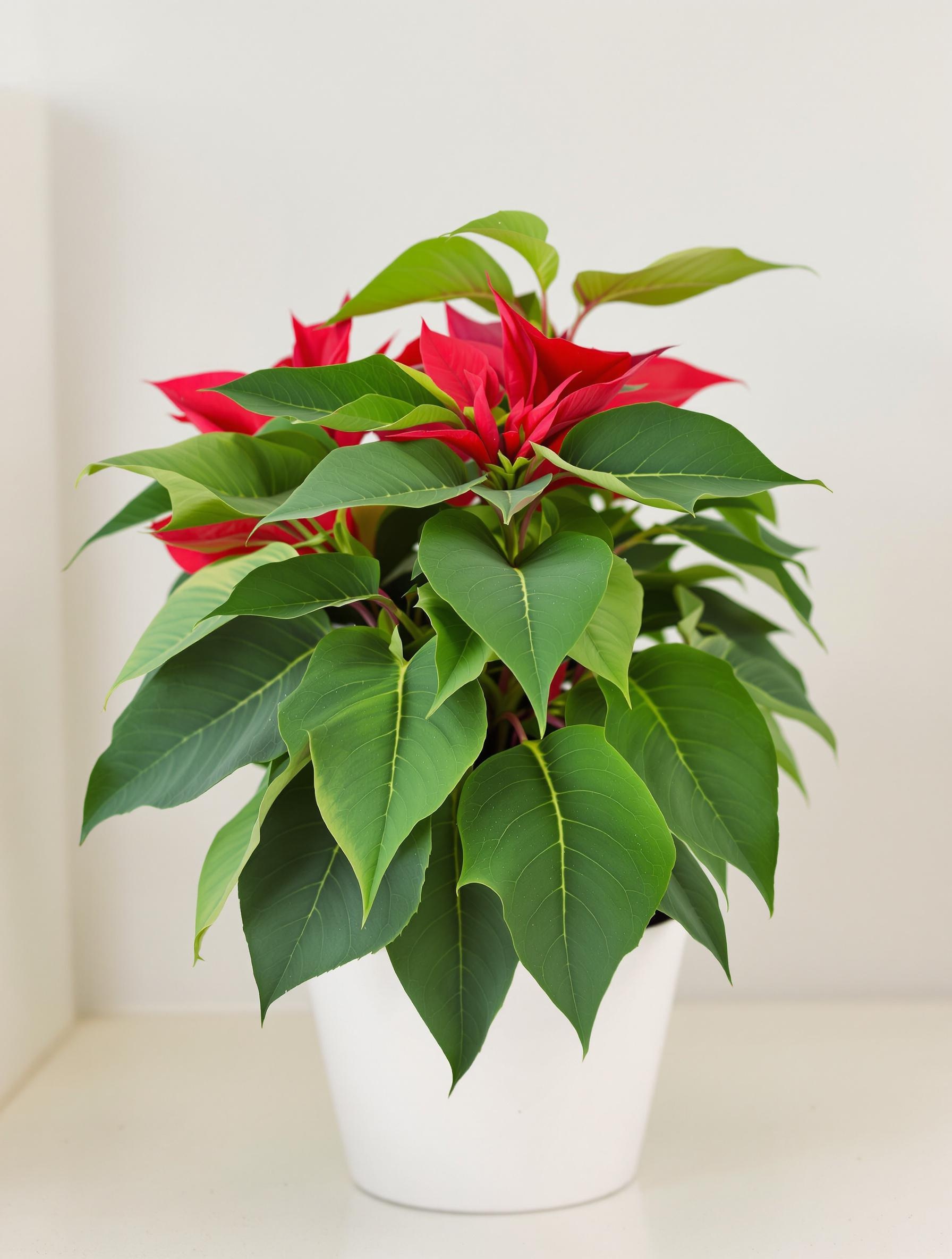 Poinsettia avec un feuillage vert et des bractées bien dressées