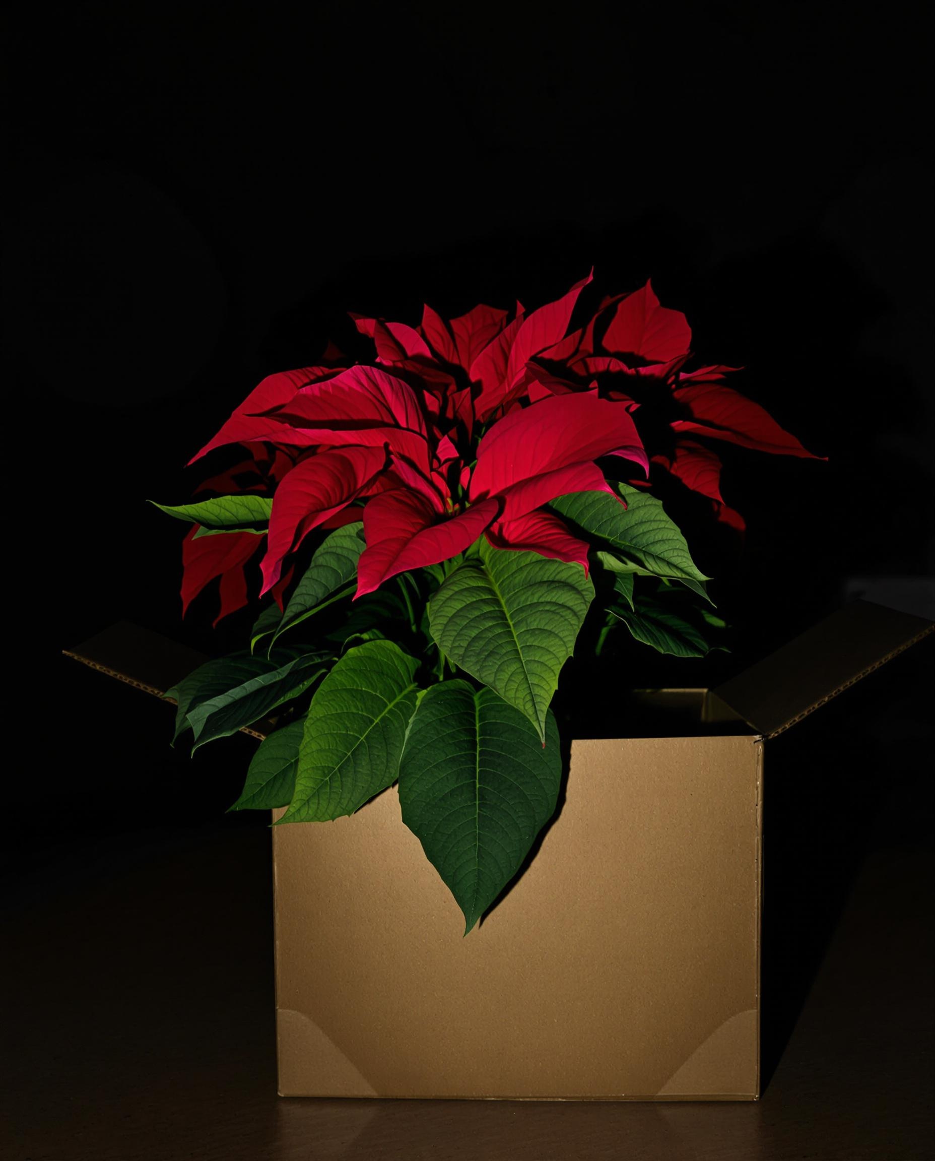 Poinsettia placé sous une boîte sombre pour favoriser la floraison