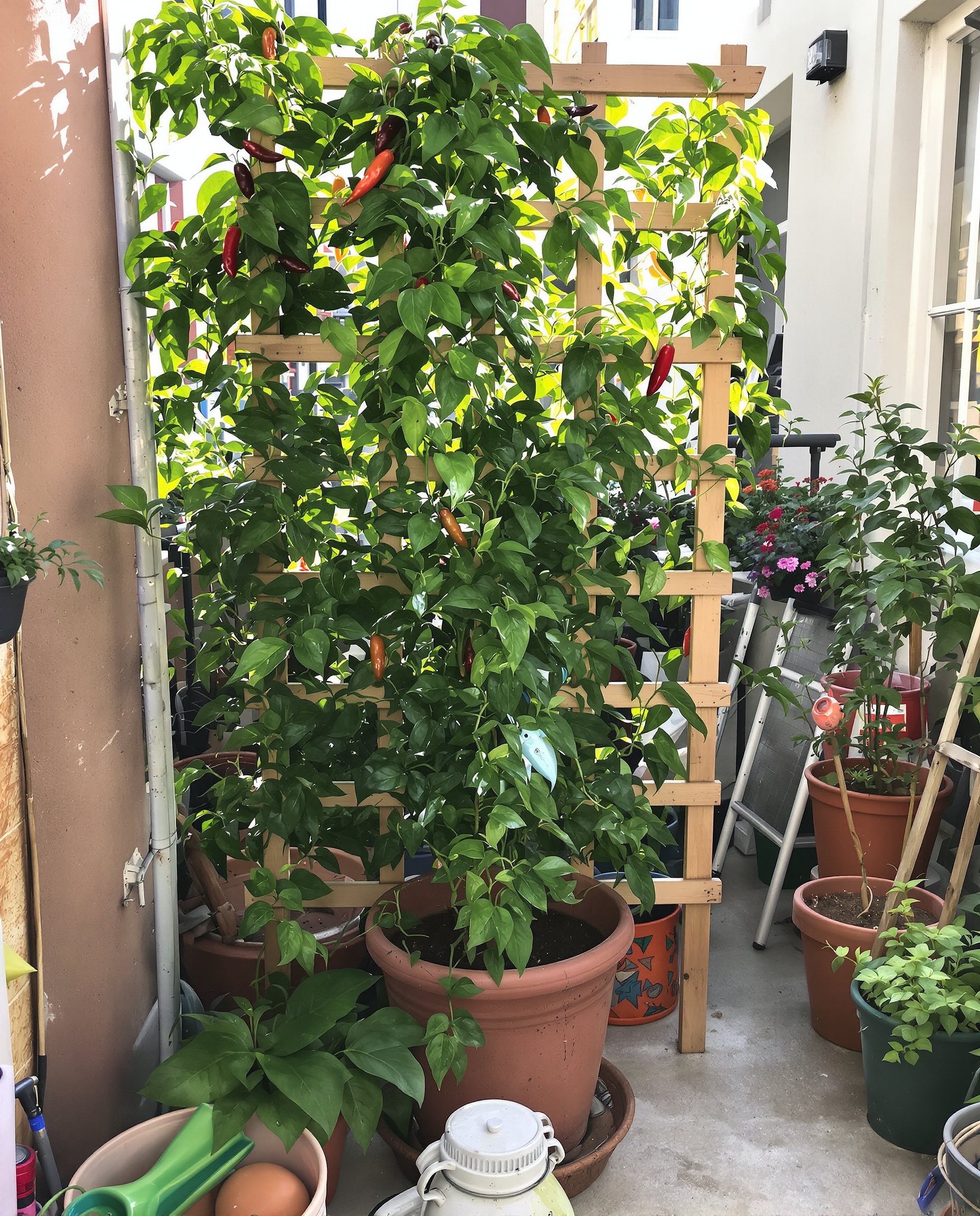 Exemple d'un poivrier bien installé sur un balcon ensoleillé, grimpant le long d'un treillage avec des baies en formation.