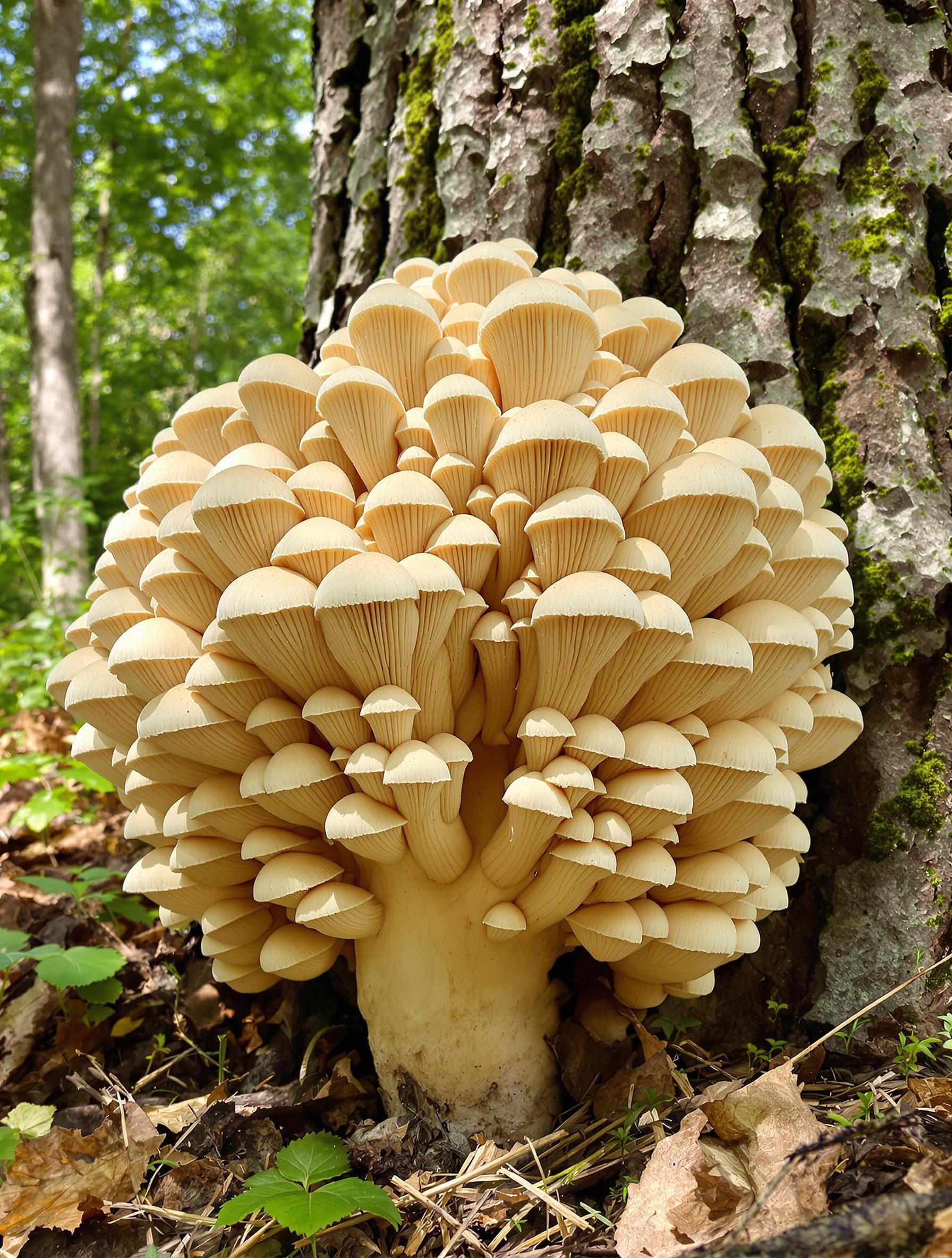 Polypore en ombelle montrant sa forme touffue et ses multiples chapeaux.