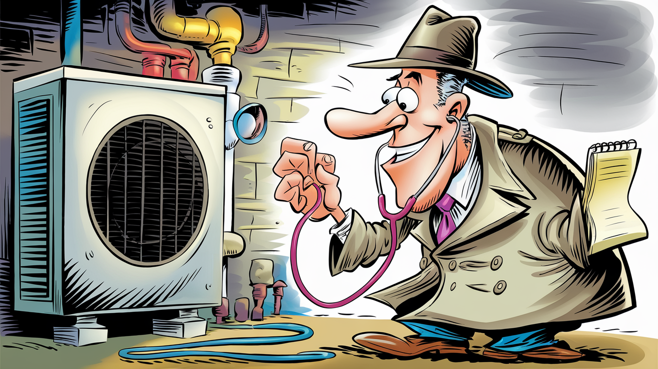 Illustration humoristique d'un bricoleur détectant des bruits sur une pompe à chaleur