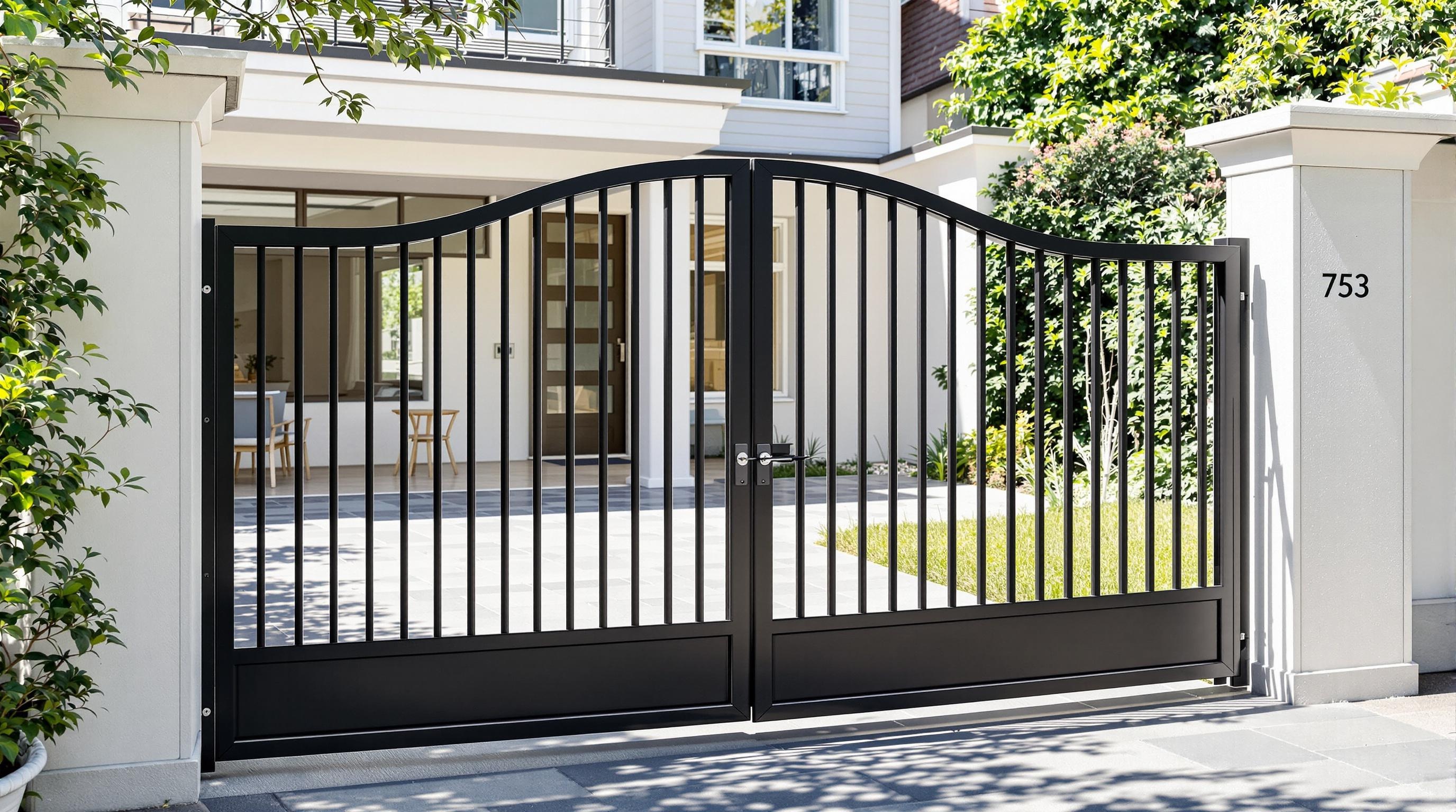 Portail battant fer forgé moderne noir mat devant maison contemporaine