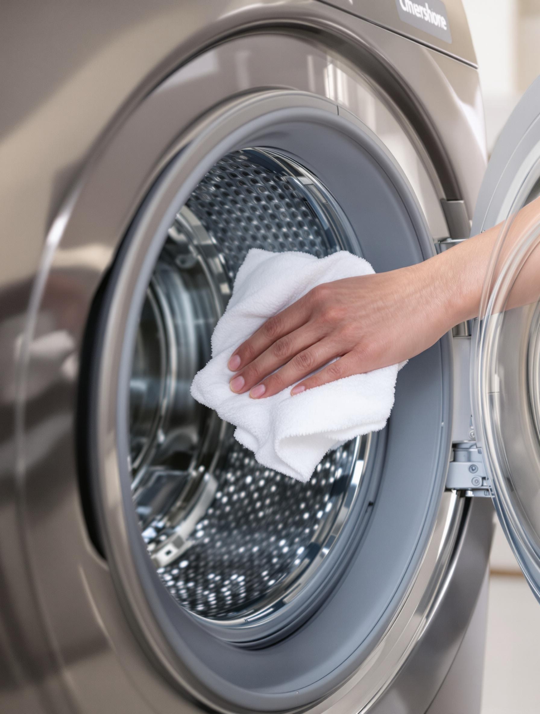 Porte lave-linge entrouverte main essuyant joint