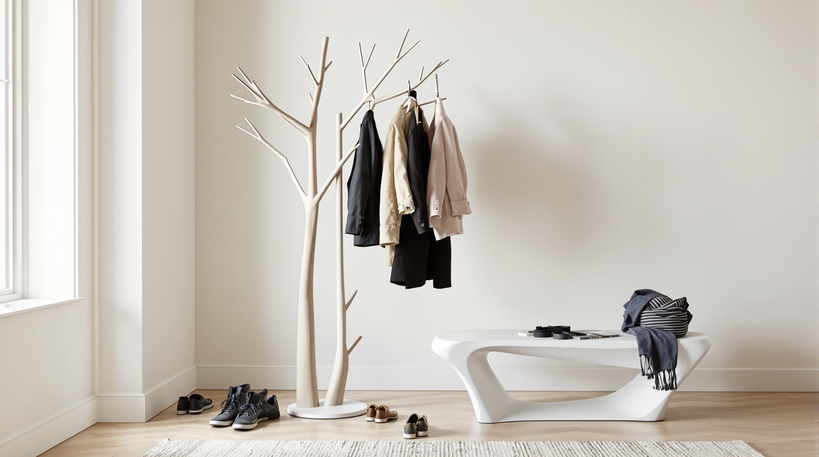 Porte-manteau design façon arbre, banc sculptural minimaliste trop petit, joli mais inutilisable avec vêtements qui tombent et chaussures en vrac. Sensation de déco ratée.