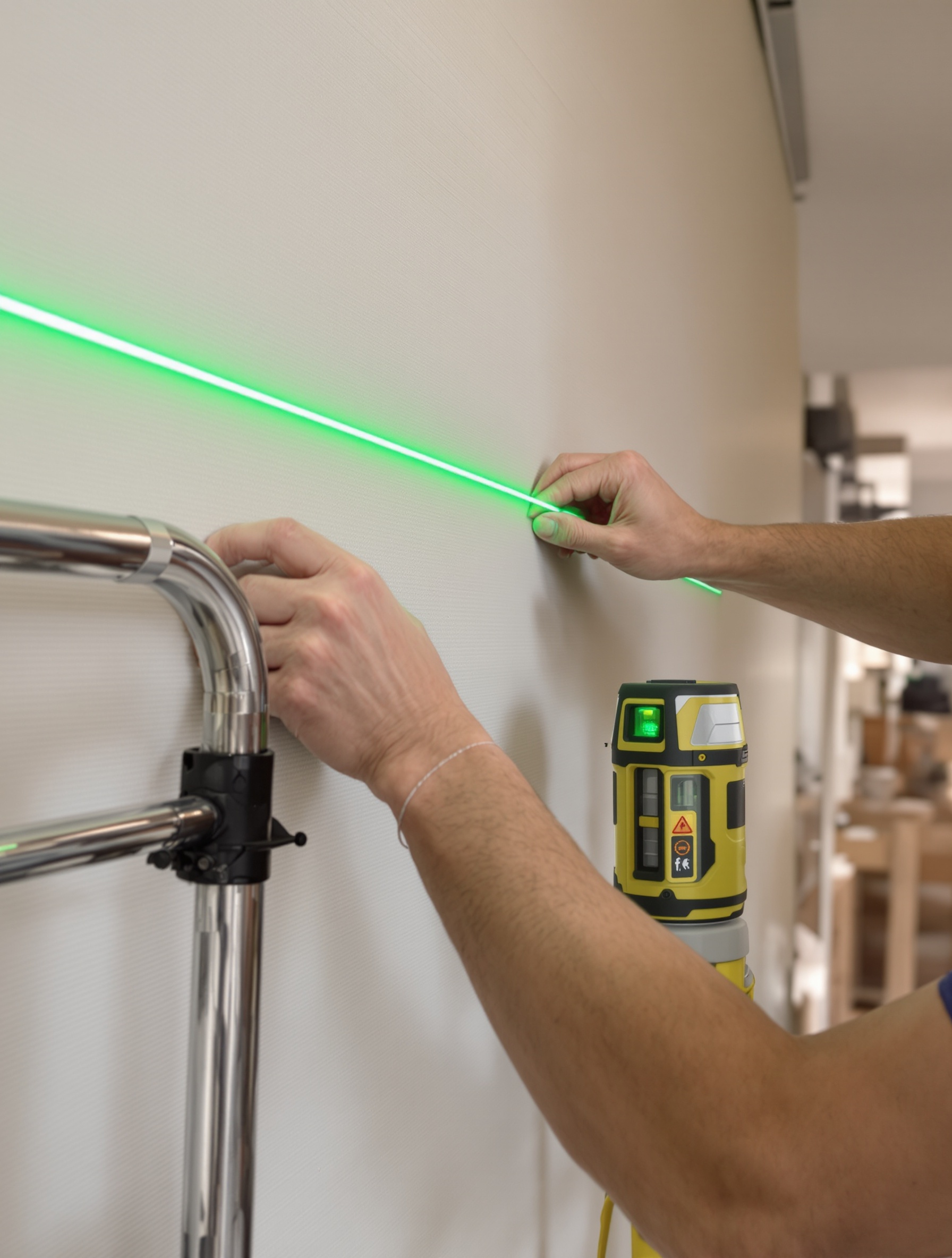 Préparation minutieuse du premier lé panoramique dans escalier avec échafaudage et niveau laser