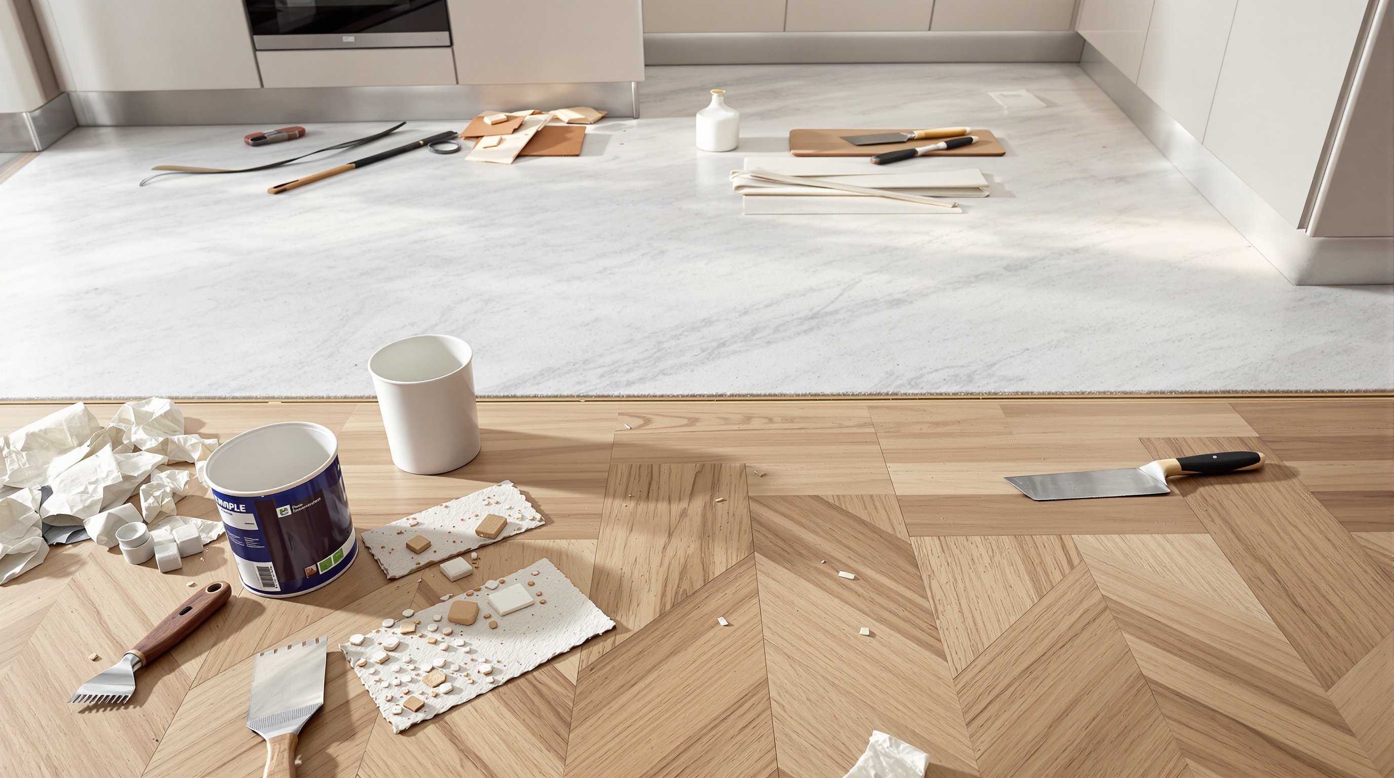 Pose collée parquet cuisine outils colle spatule sol préparé