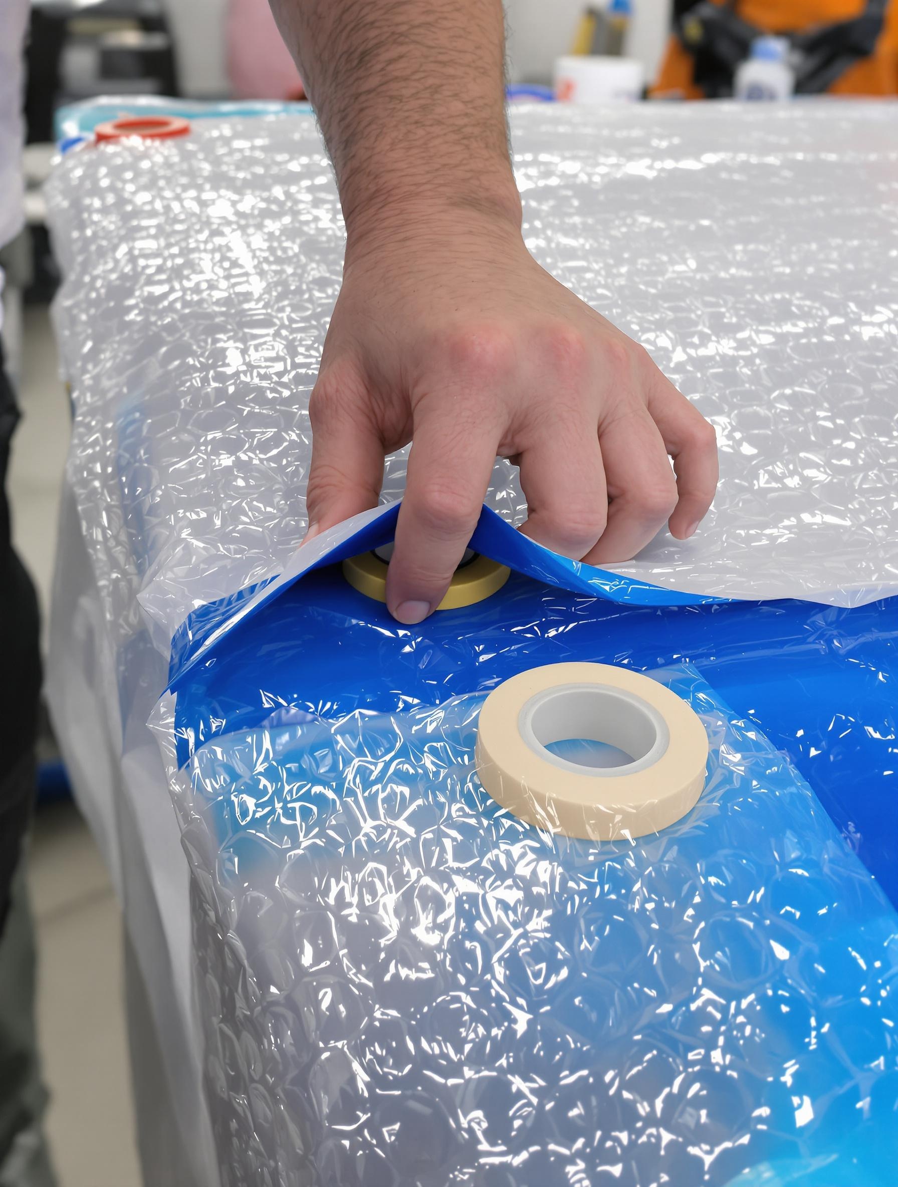 Pose précise du ruban adhésif spécialisé sur bâche à bulles piscine avec main qui lisse soigneusement et œillets colorés visibles.