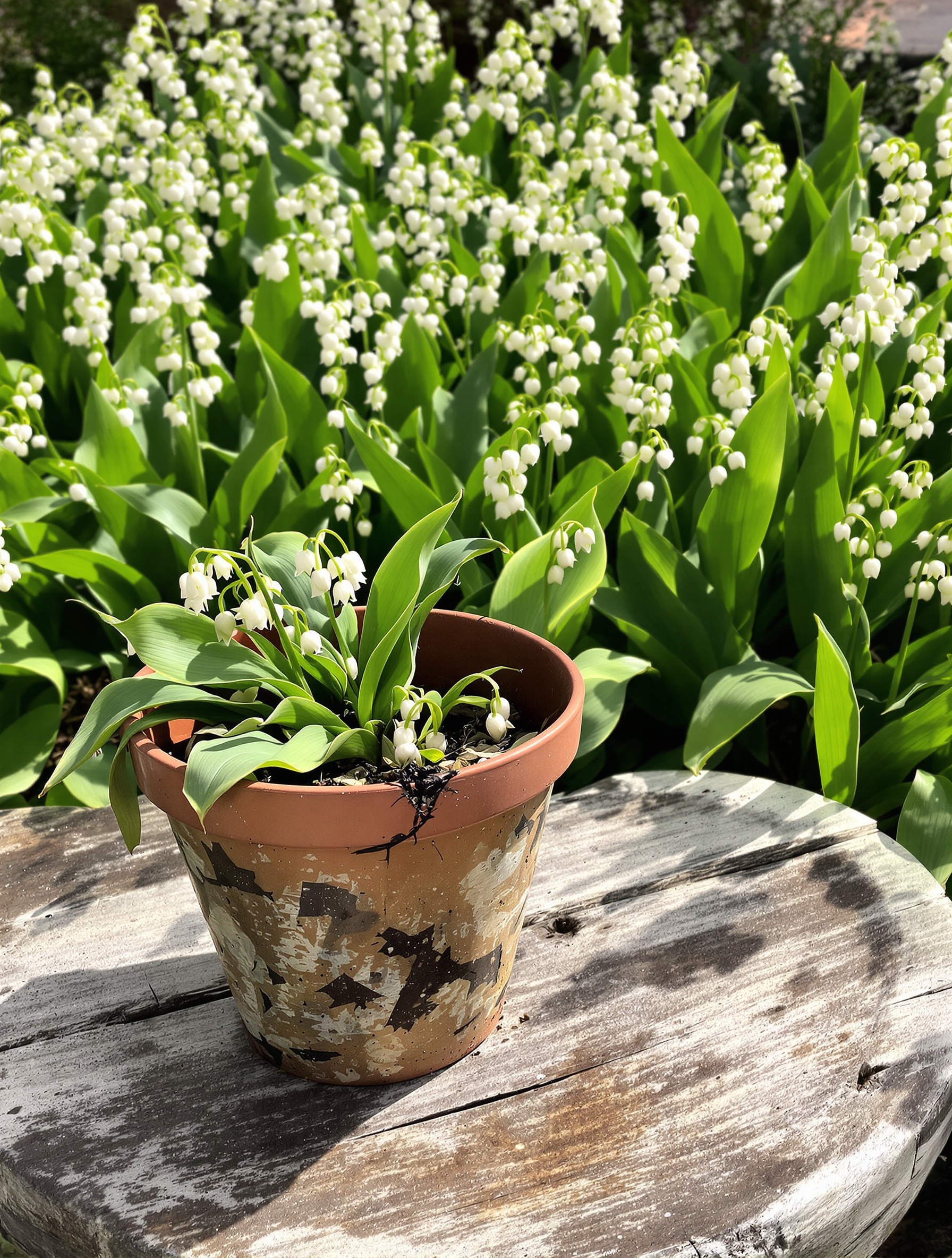 Pot de muguet abandonné et carré de jardin luxuriant avec le même muguet épanoui