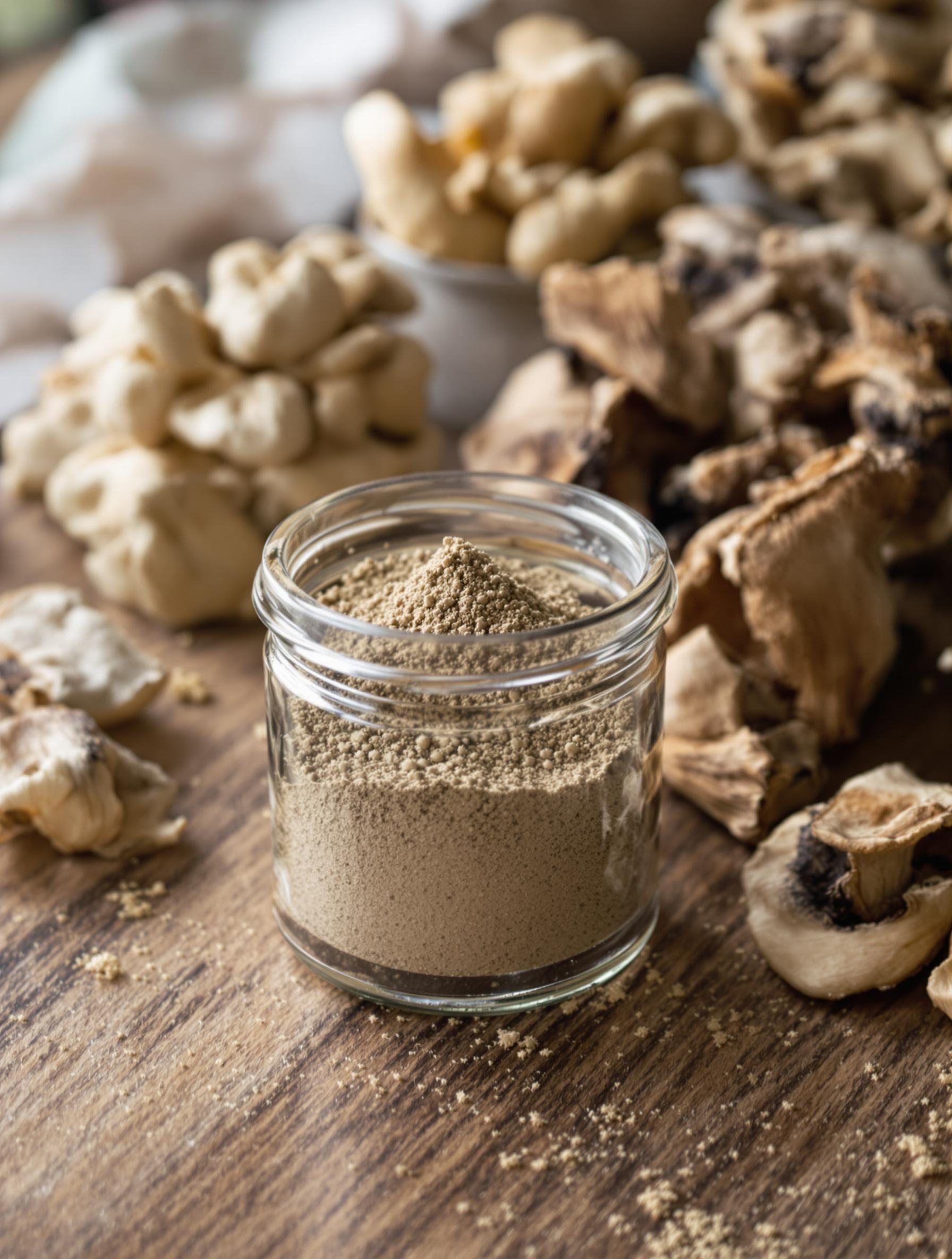Pot de poudre d'Oreille de cochon séchée posé en cuisine sauvage