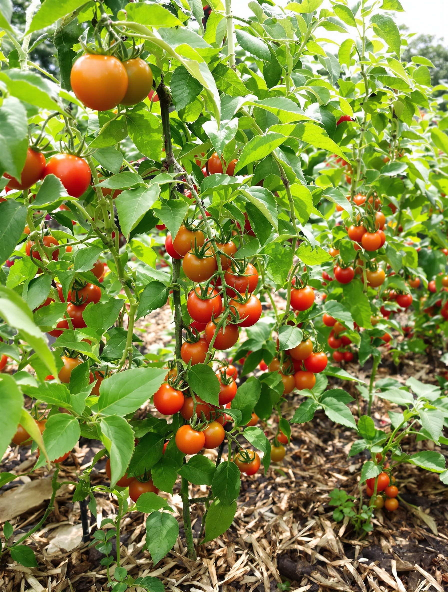 Potager amateur avec plusieurs plants de tomate Maestria F1 vigoureux et paillage de Miscanthus