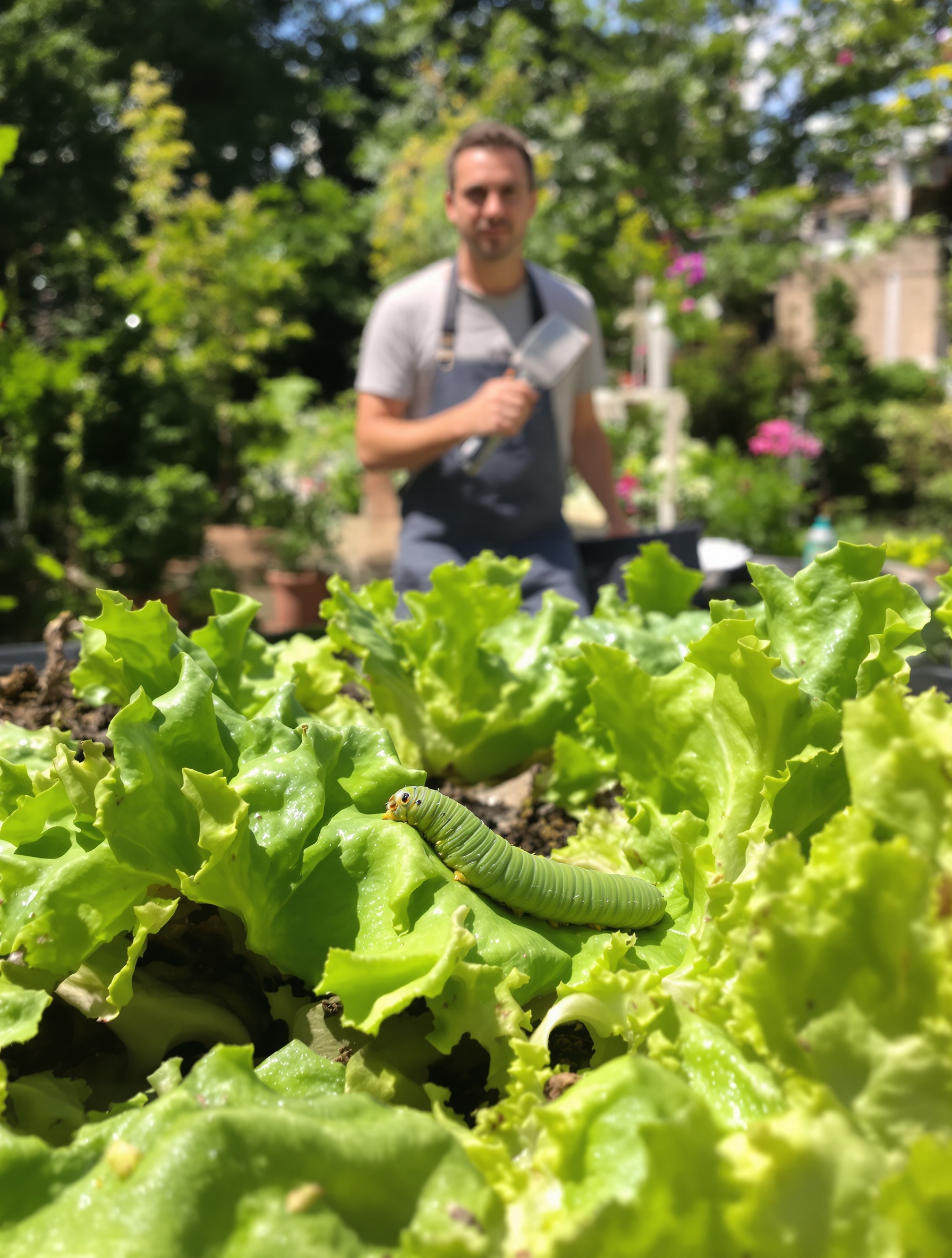 Potager éclectique avec chenille verte sur salade croquée et jardinier dubitatif