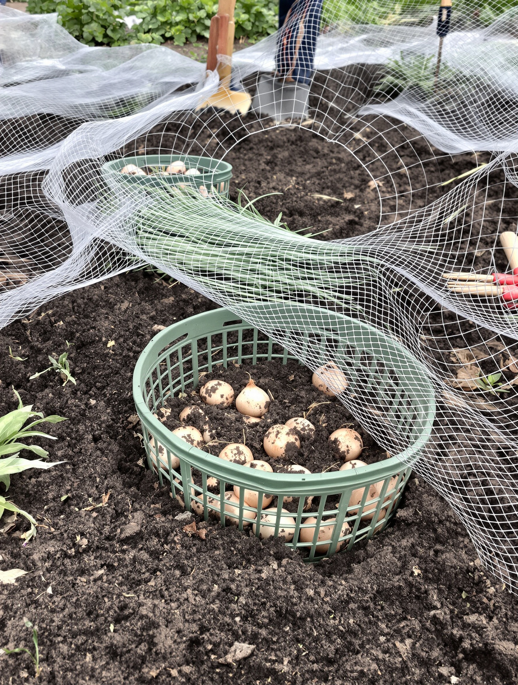 potager protégé par grillage anti-mulots et paniers à bulbes en plastique dans la terre