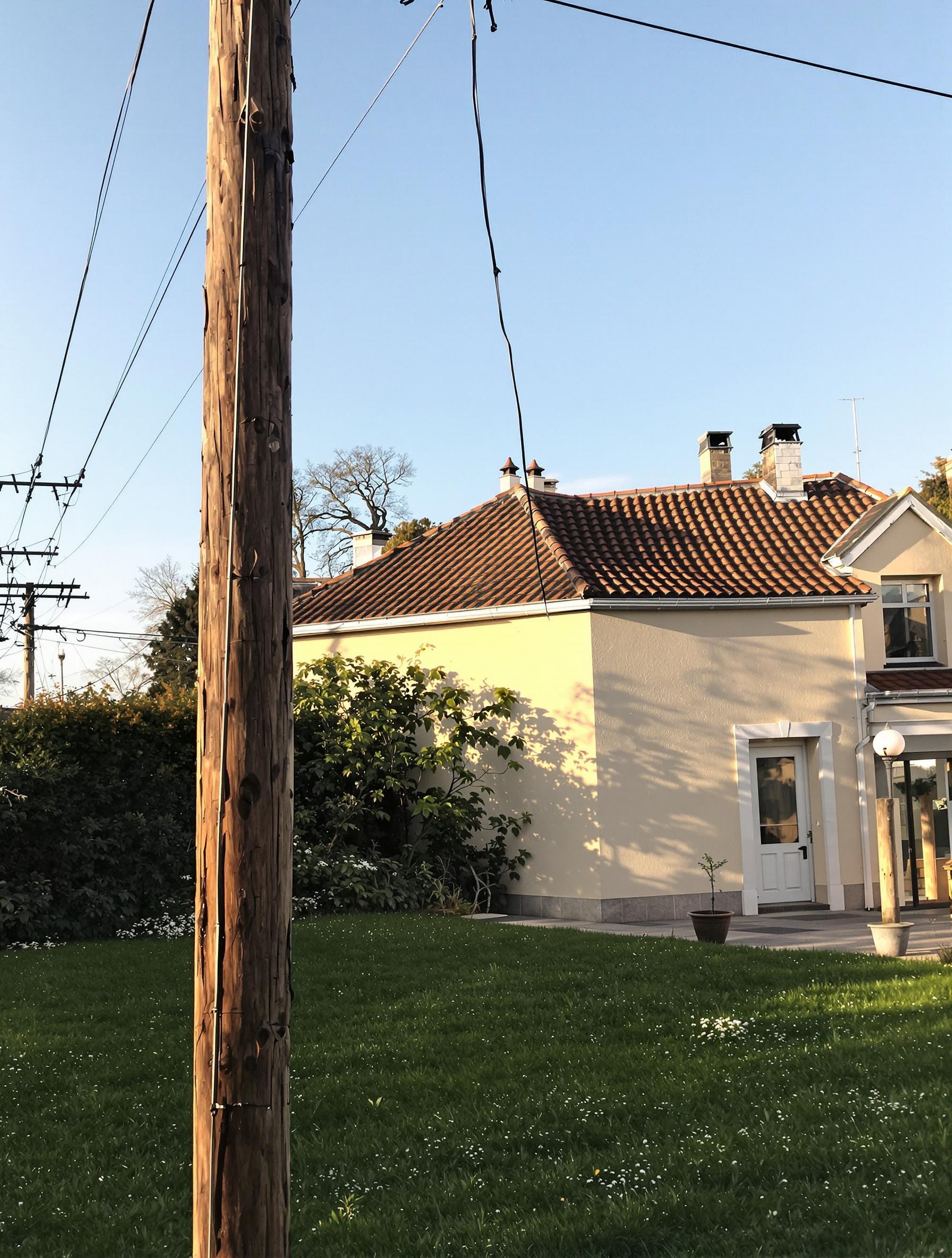 Poteau électrique terrain privé maison lignes aériennes lumière naturelle