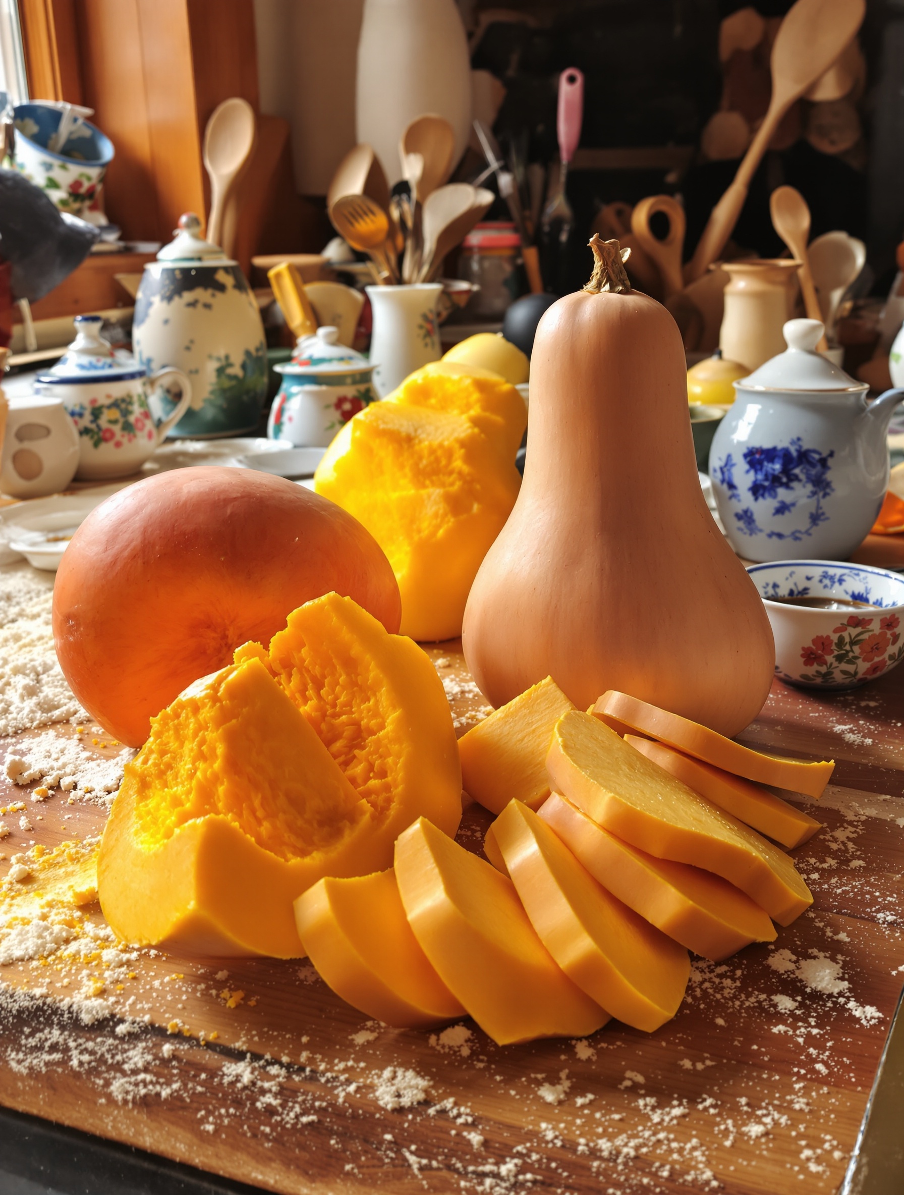 Potimarron entier et en tranches sur plan de travail bohème désordonné