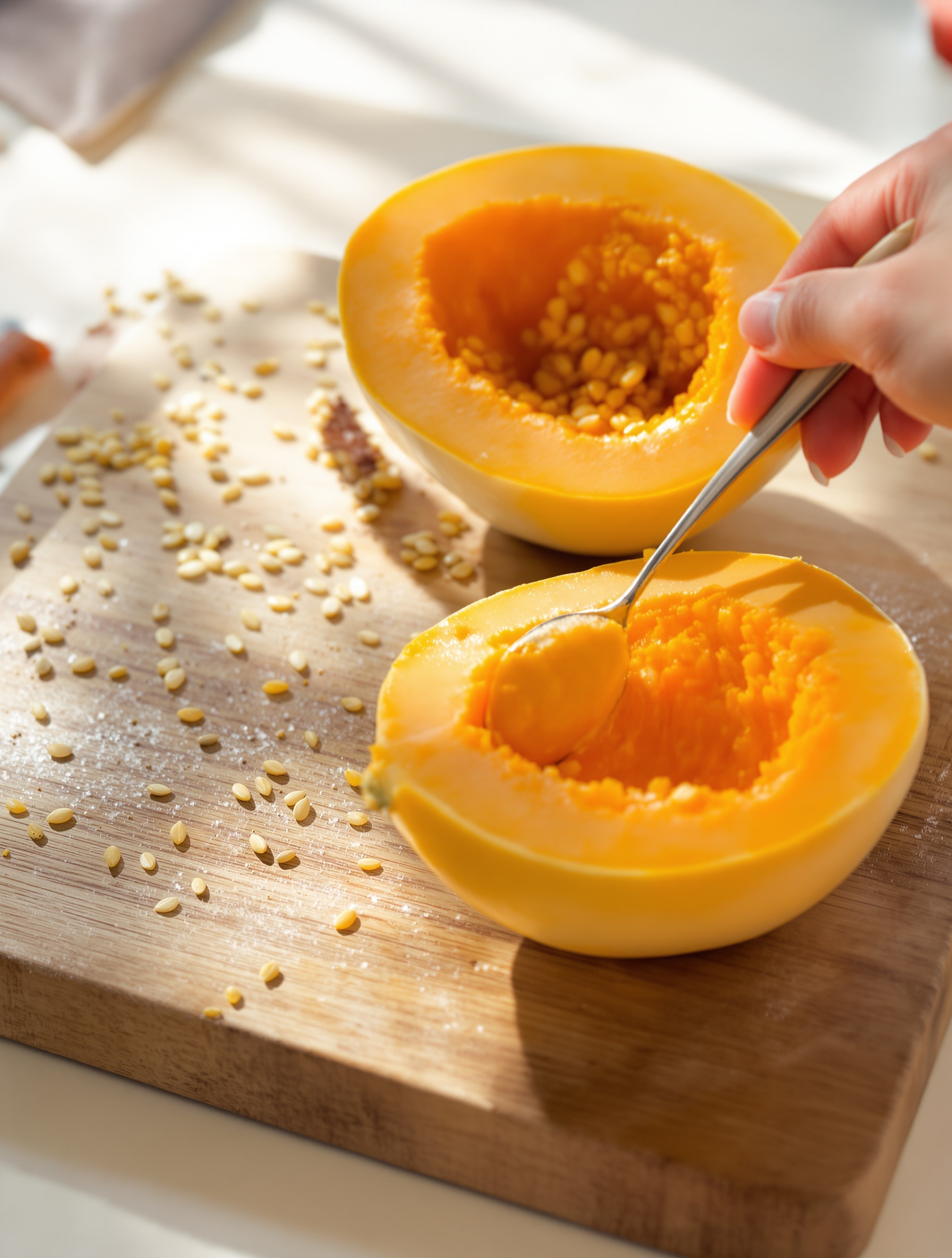 Découpe sécurisée du potimarron : planche en bois et cuillère retirant les graines.