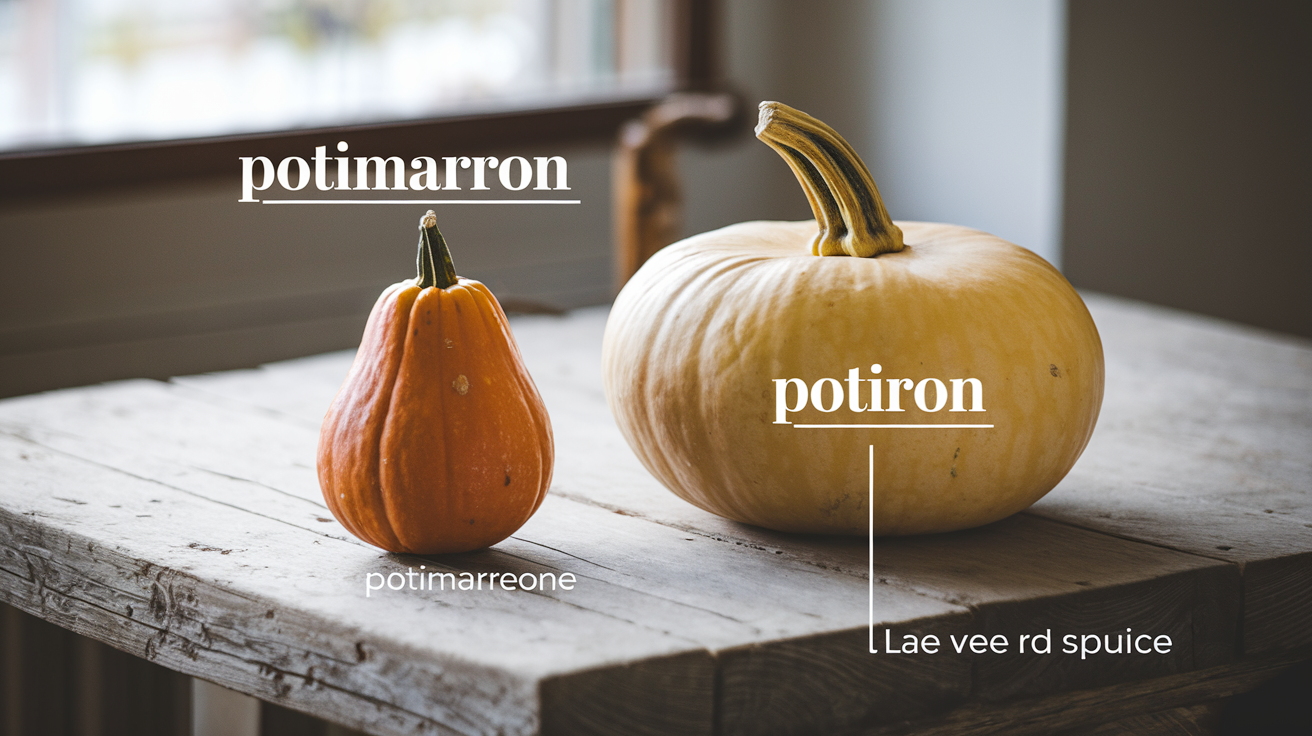 Comparaison visuelle potimarron et potiron côte à côte, avec leurs pédoncules distincts.