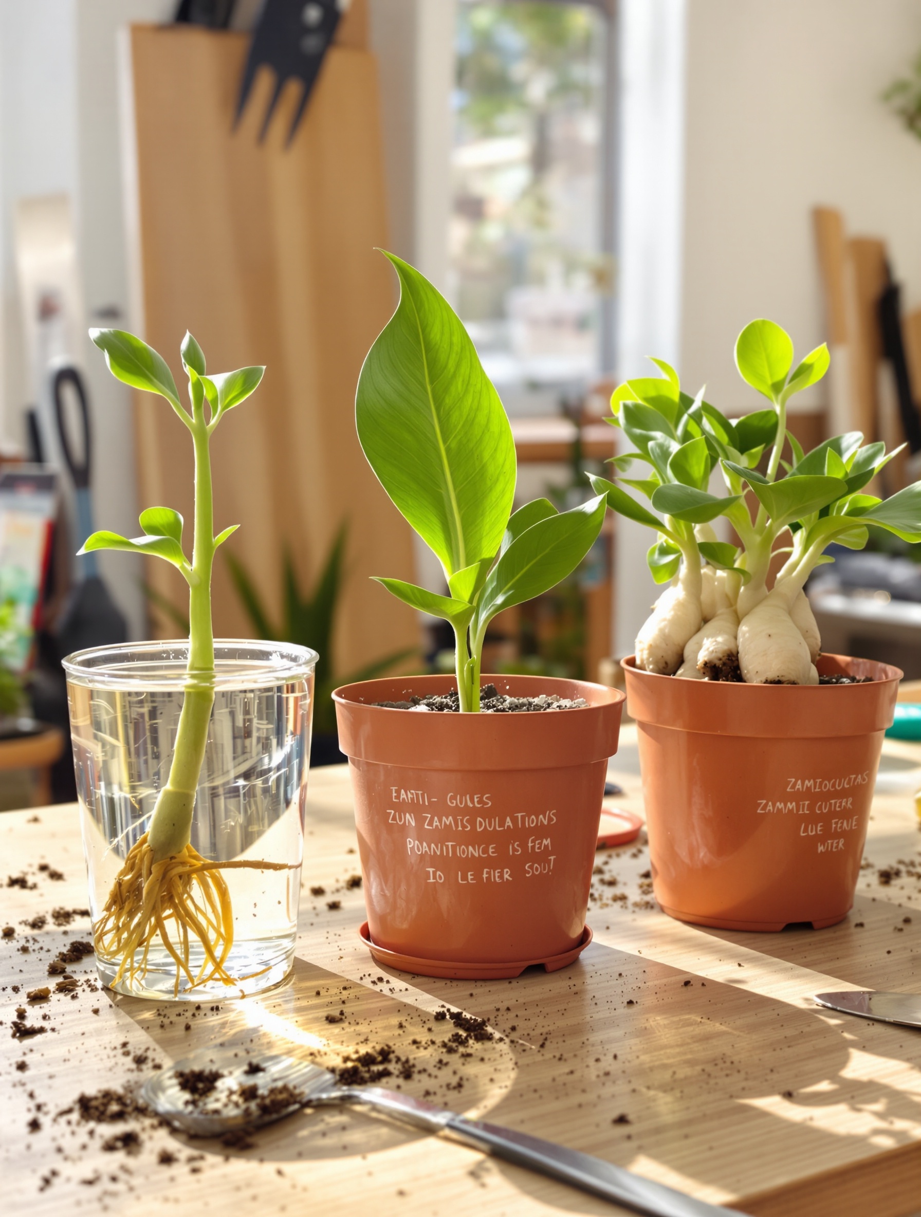 Trois méthodes de bouturage du Zamioculcas : tige dans l’eau, feuille dans un pot léger, division des rhizomes sur table.