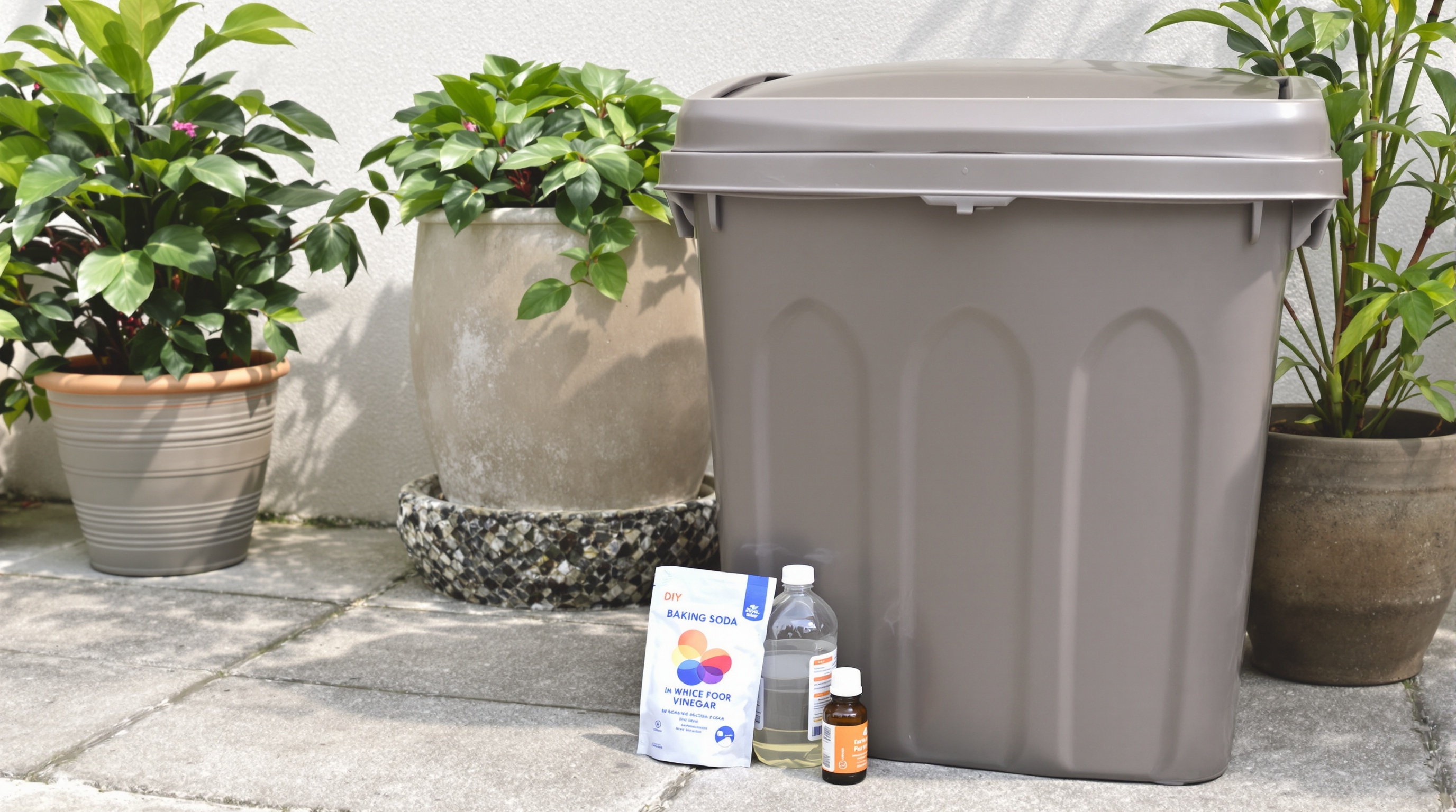 Astuces contre la mauvaise odeur et les nuisibles dans la poubelle extérieure : bicarbonate, vinaigre, huile essentielle.