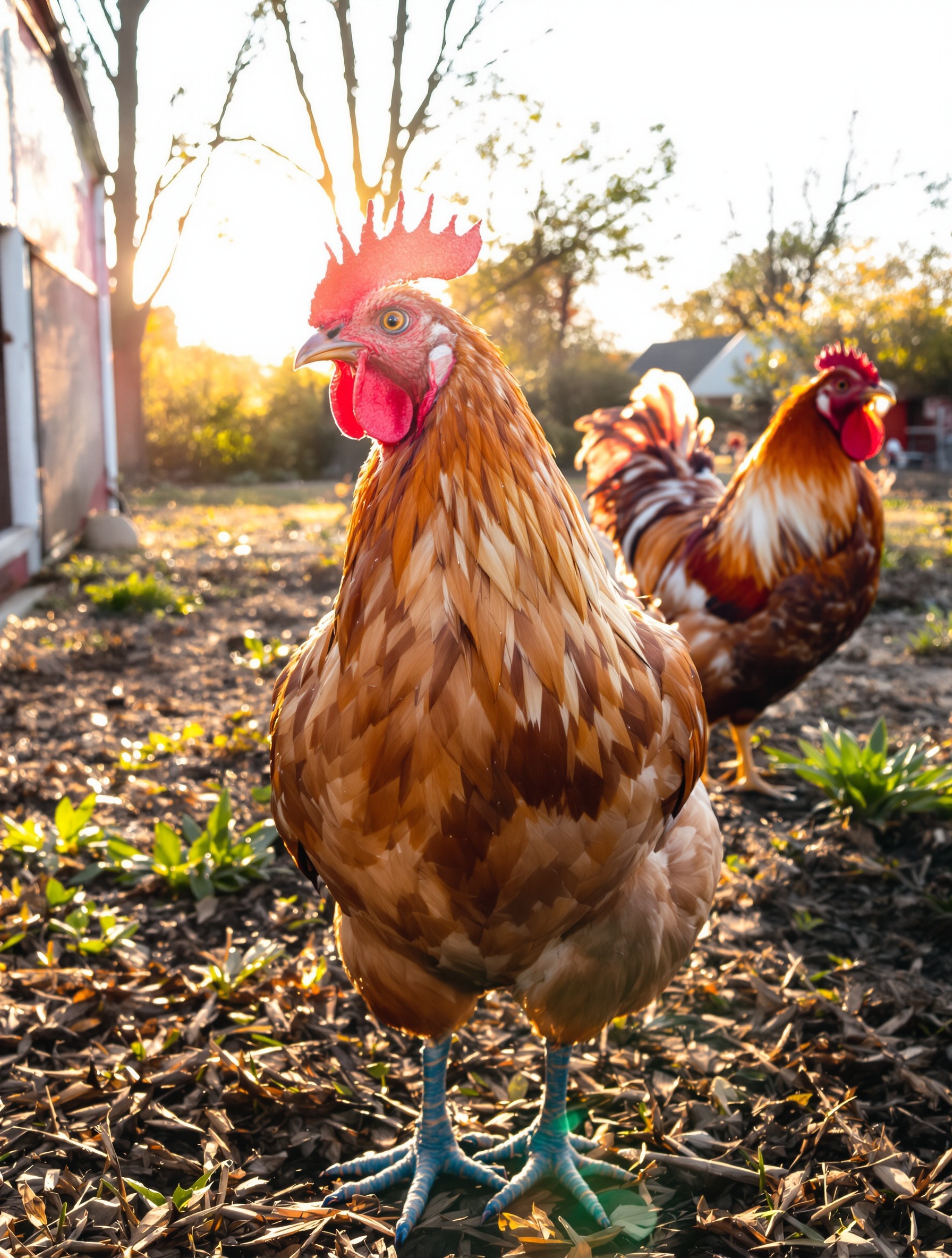 poule gauloise dorée fière lever du soleil coq crête rouge tarses bleu ardoise