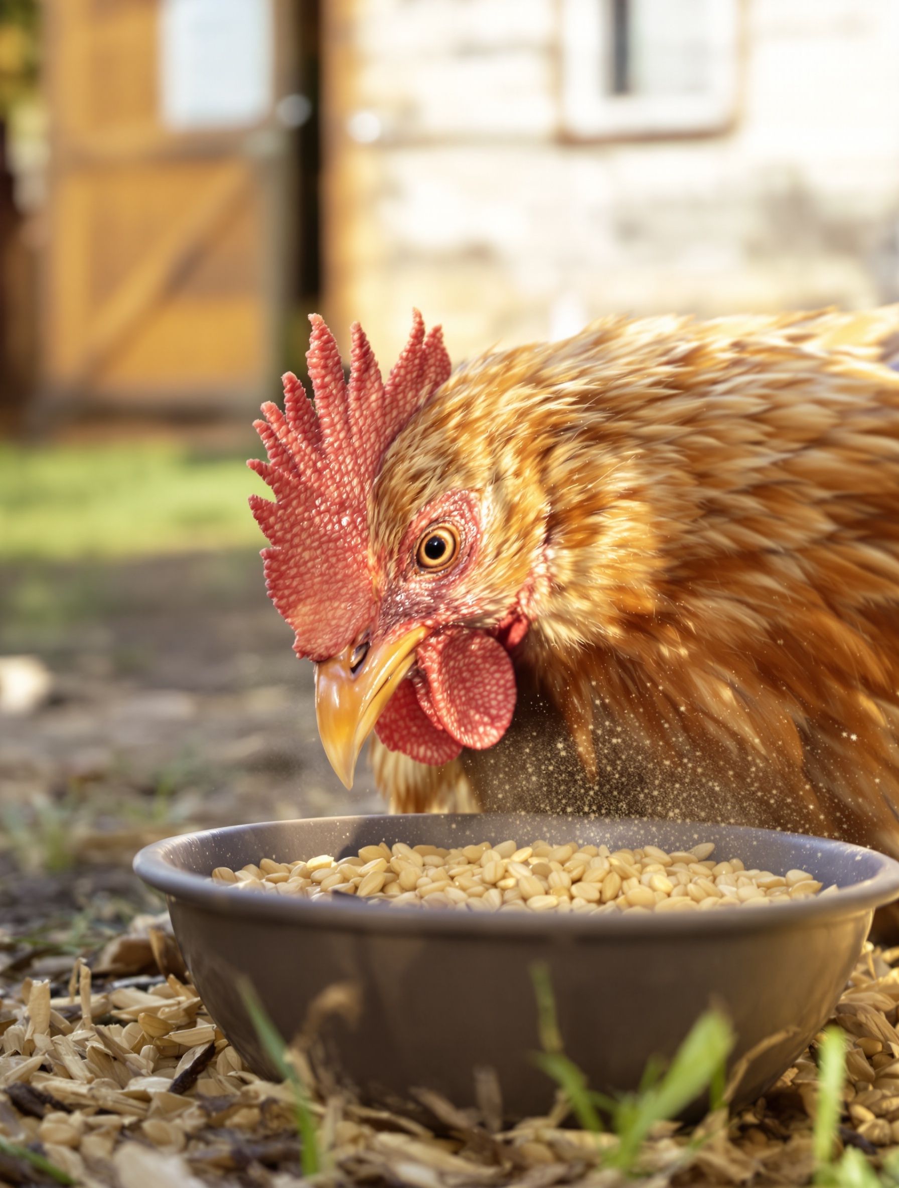 Poule Gauloise dorée picorant céréales gamelle plein air