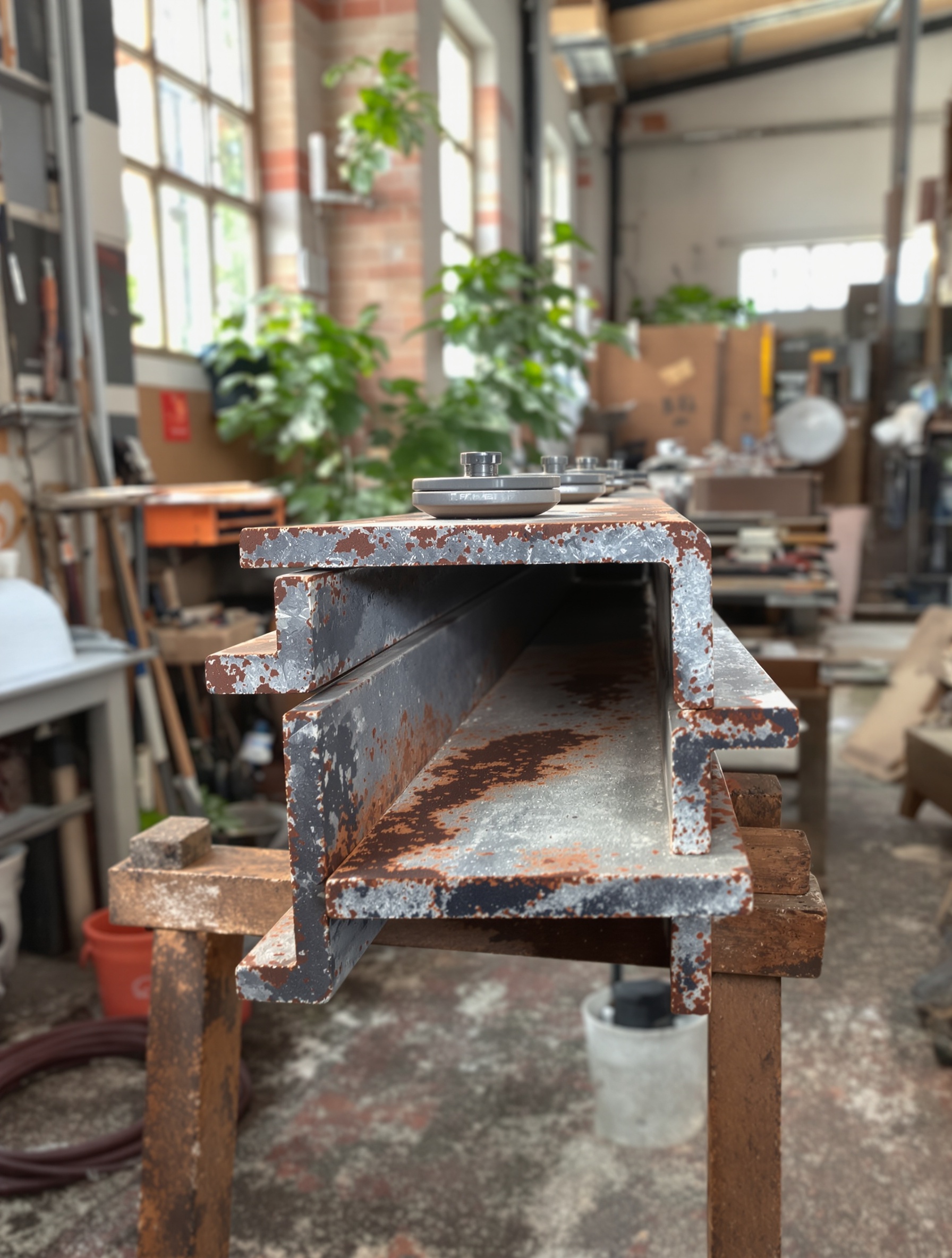 IPN acier S235 sur appuis simples avec charges et plante verte trop arrosée