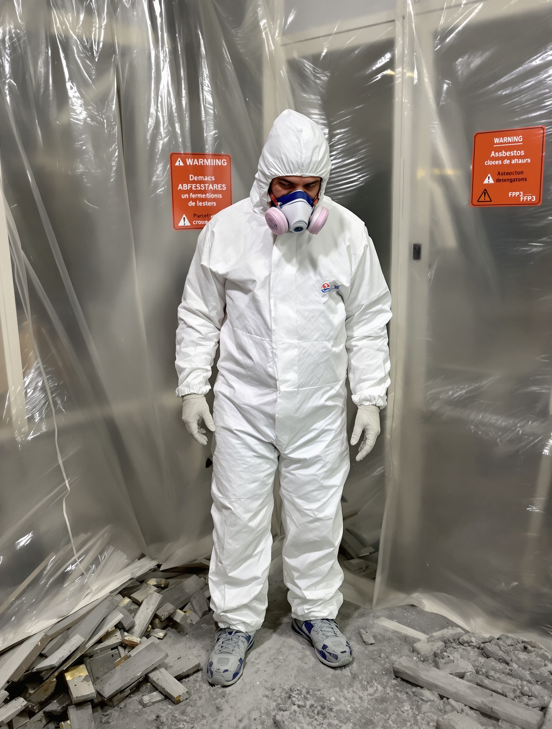 Professionnel désamiantage combinaison masque FFP3 protection chantier