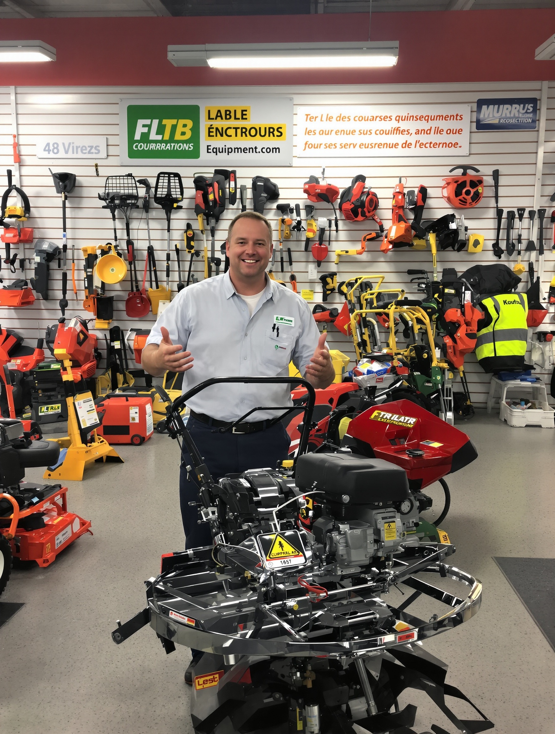 Professionnel souriant présentant un motoculteur performant dans un magasin de location spécialisé en motoculture.