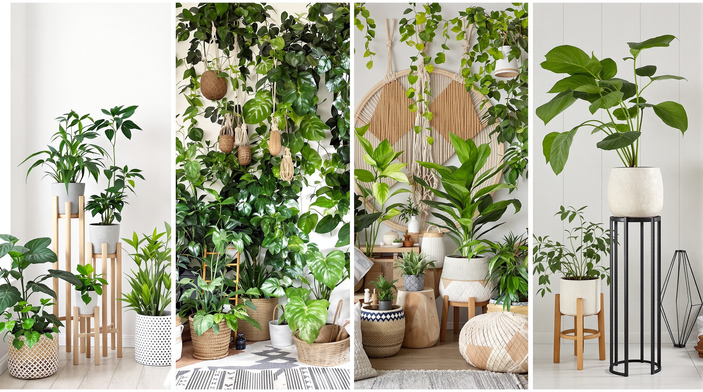 Quatre coins déco : scandinave minimaliste, bohème surchargé de plantes, rustique objets recyclés, contemporain piédestal design.