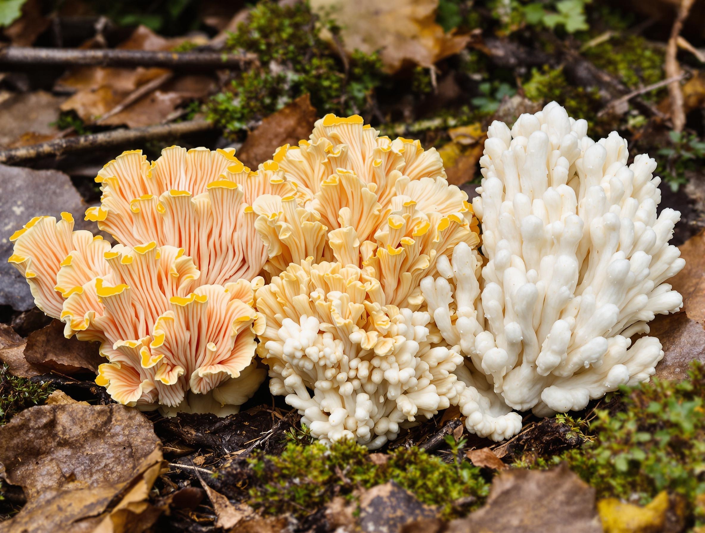 Comparatif gros plan Ramaria formosa (corail rosé, extrémités jaunes) à côté d’un Sparassis crispa et d’une Clavulina cristata sur litière forestière
