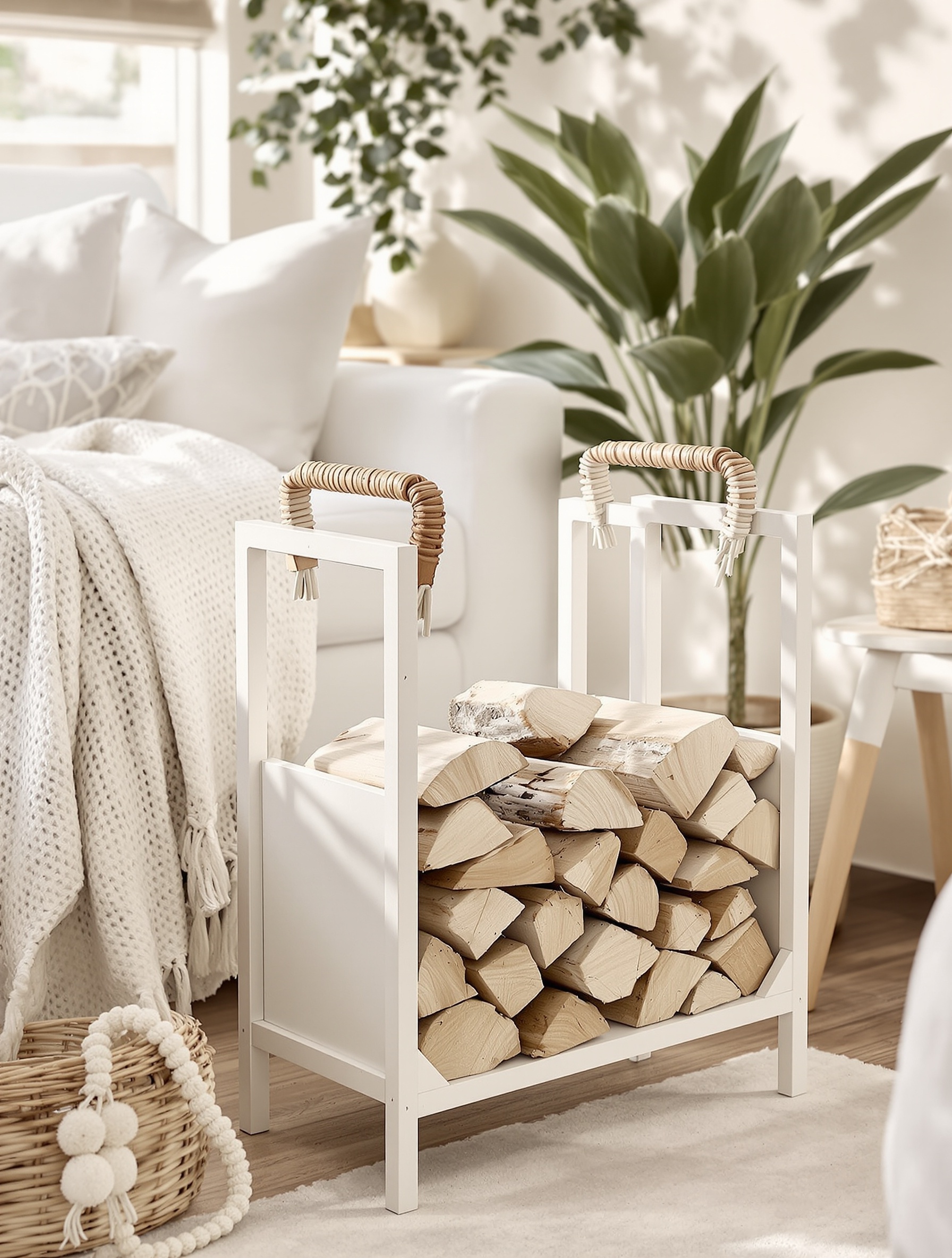 Range-bûches IKEA customisé avec peinture sobre et poignées cuir