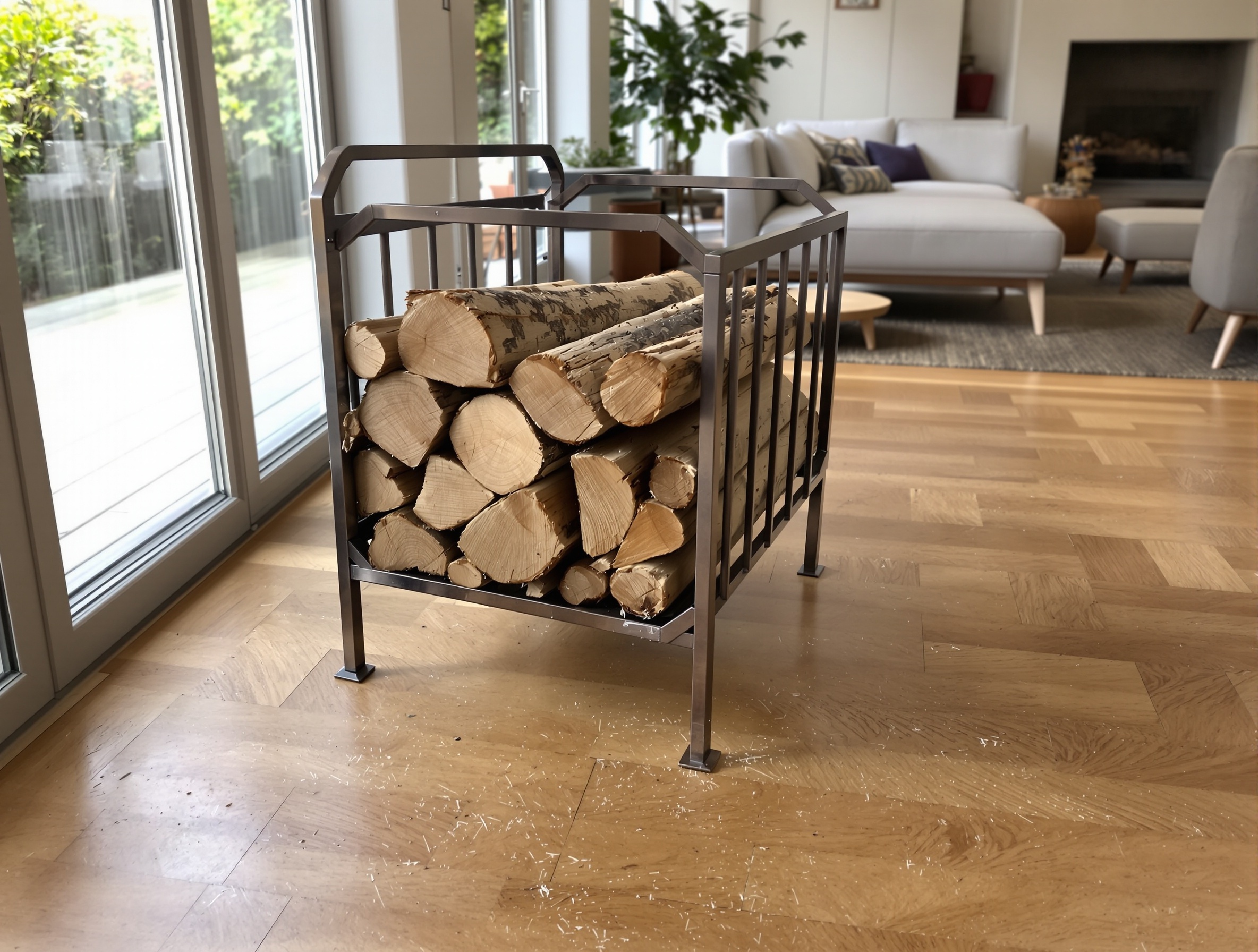 Range-bûches IKEA posé sans protection abîmant un parquet