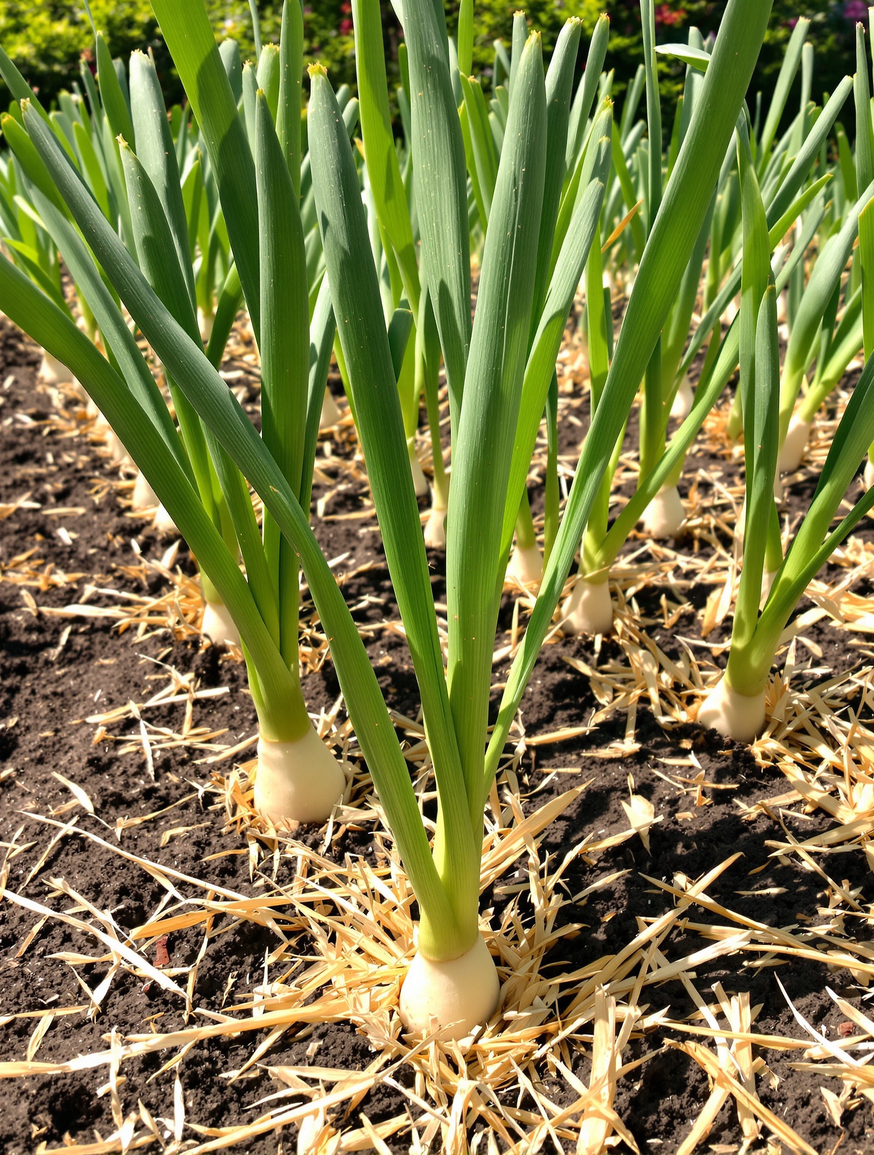 Rangées de jeunes poireaux plantés en été avec paillage visible pour conserver l'humidité.