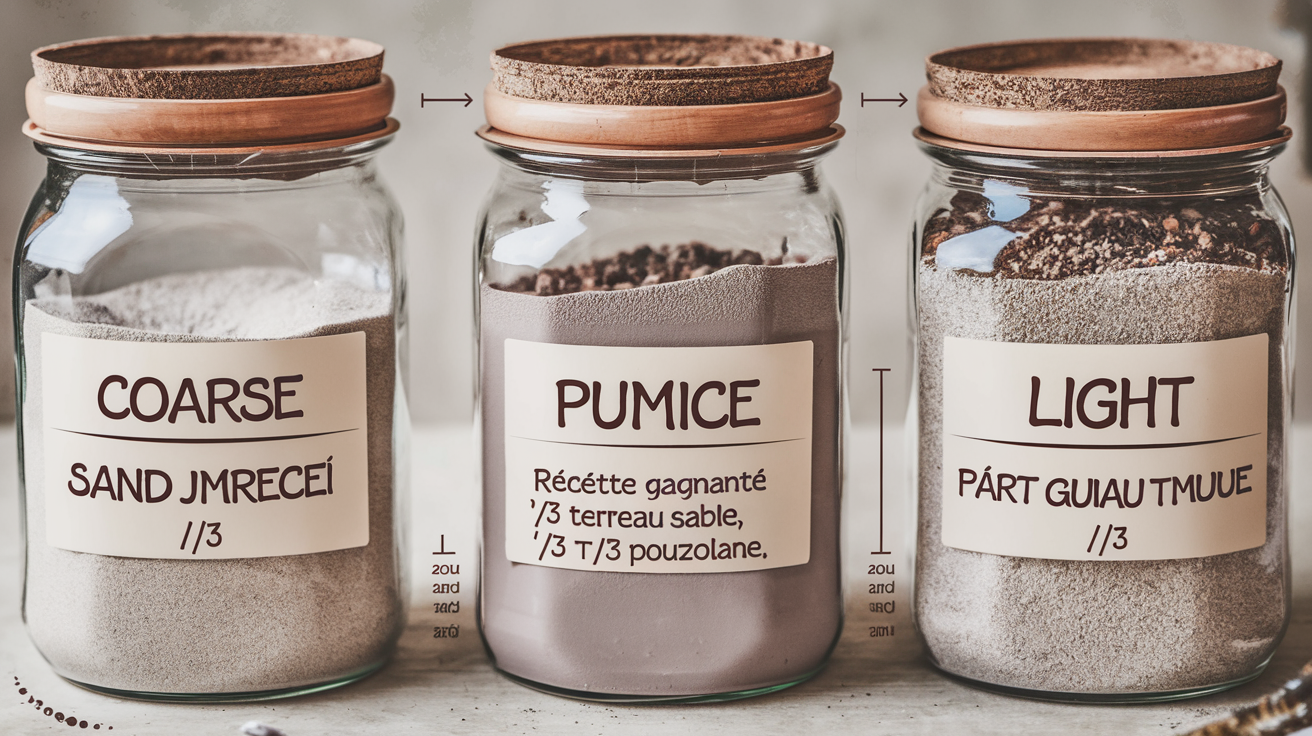 Trois bocaux contenant les trois composants du substrat cactus, étiquetés : terreau léger, sable grossier, pouzzolane, chacun à 33%.