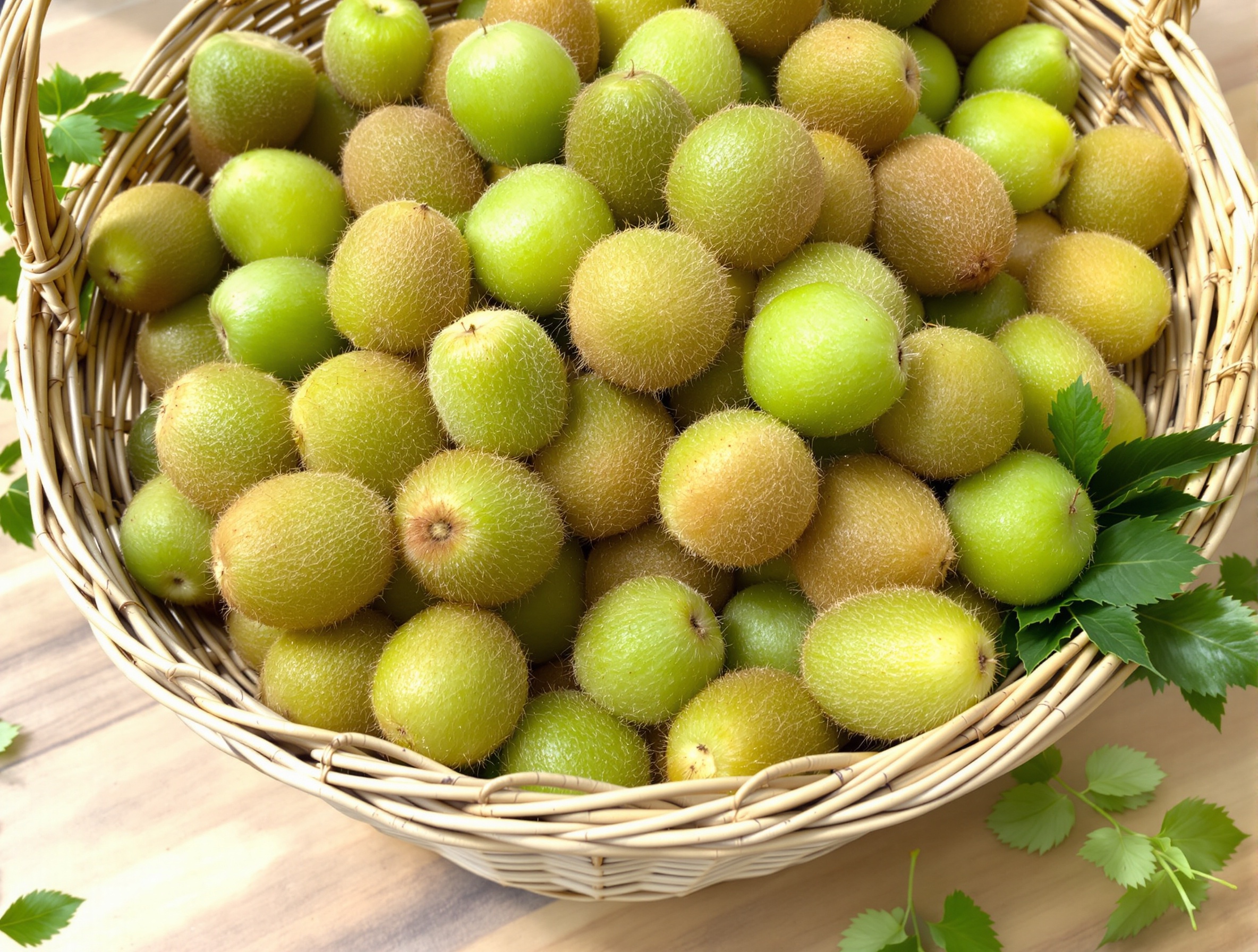 Une grande quantité de kiwis verts et duveteux, fraîchement cueillis et disposés dans un panier en osier, évoquant une récolte réussie et abondante grâce à un palissage approprié. L'image est lumineuse et met en valeur la fraîcheur des fruits.