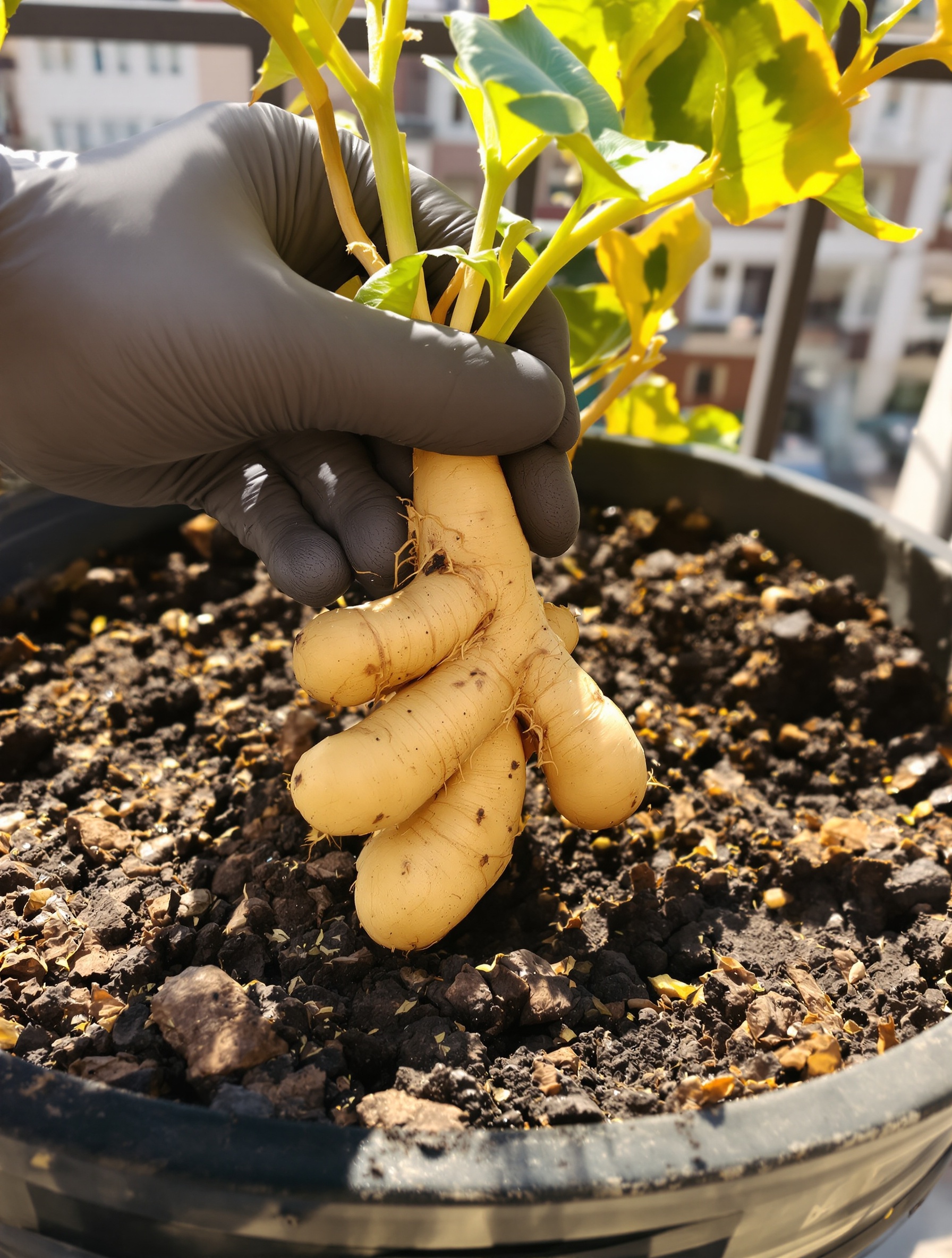 Récolte d’un rhizome de gingembre dodu sur un balcon urbain, main gantée, terre humide.