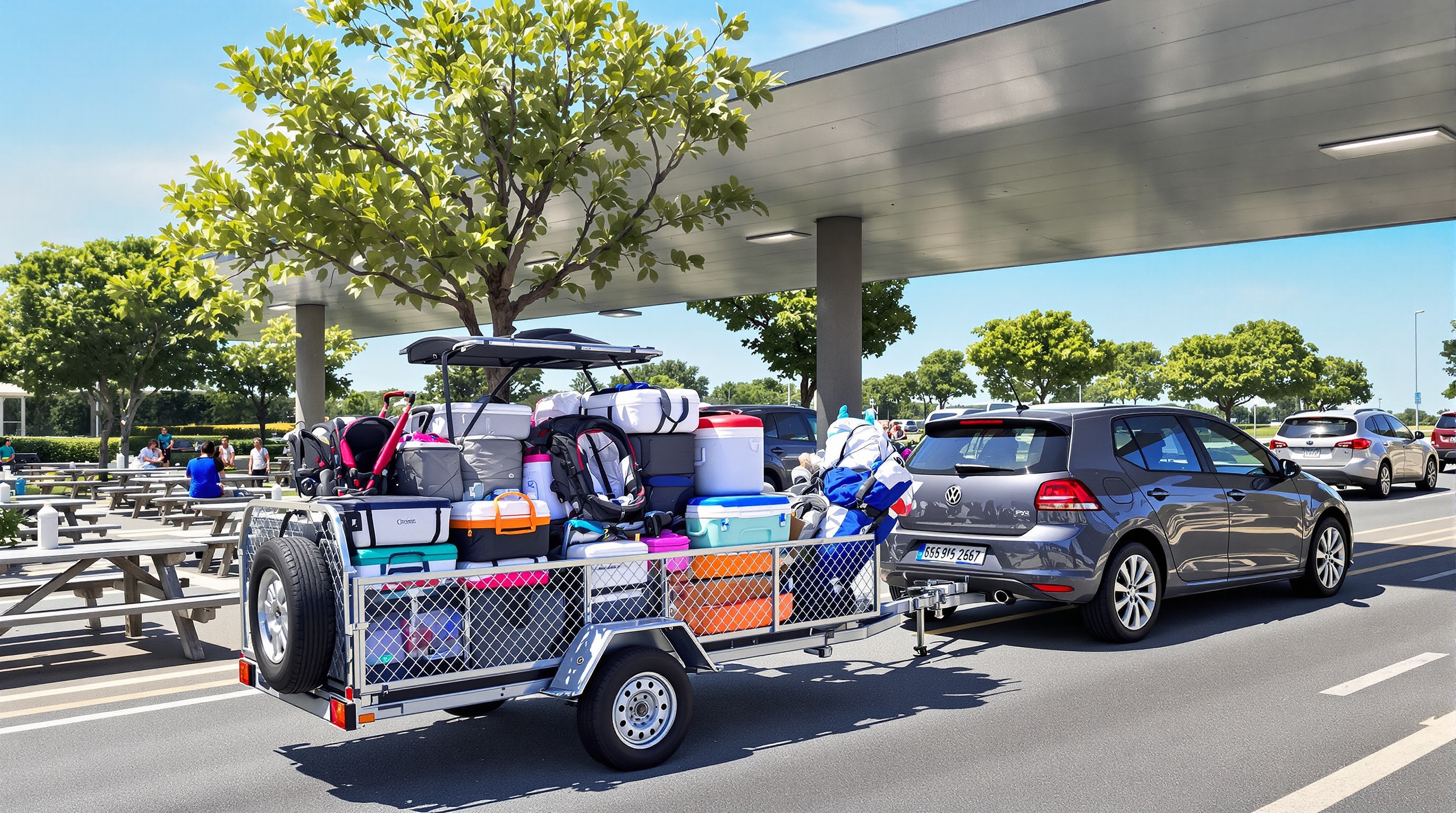 Remorque bagagère chargée de valises, glacières et sacs de vacances sur une aire d'autoroute.