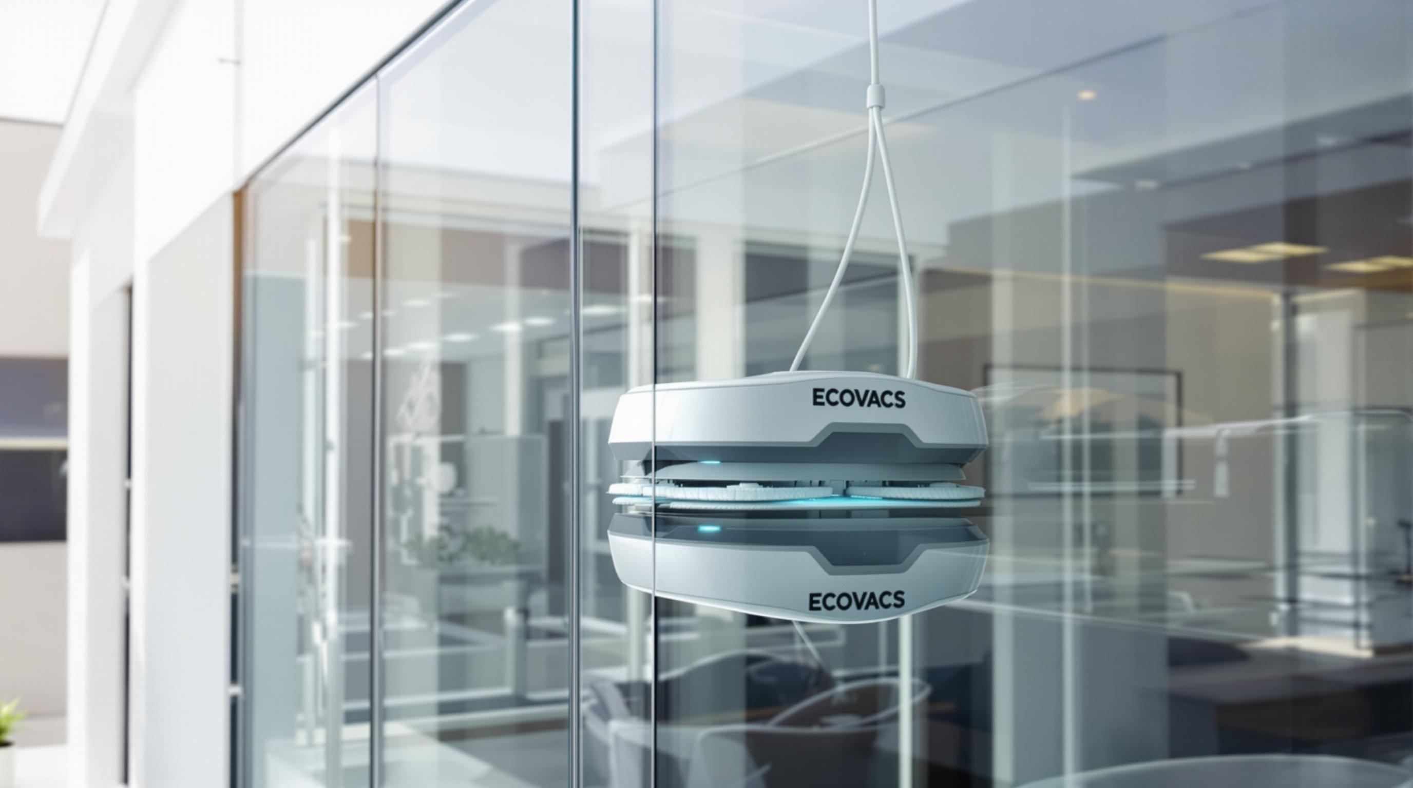 Robot lave-vitres ECOVACS Winbot W2 Pro Omni en action sur une fenêtre moderne.