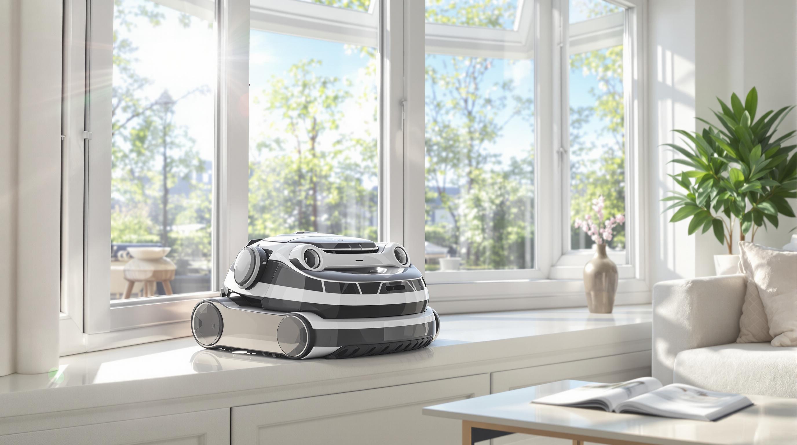 robot lave-vitres posé sur une baie vitrée étincelante, vue intérieure d’un salon lumineux, ambiance fin de ménage avec détente et accessoires modernes en arrière-plan