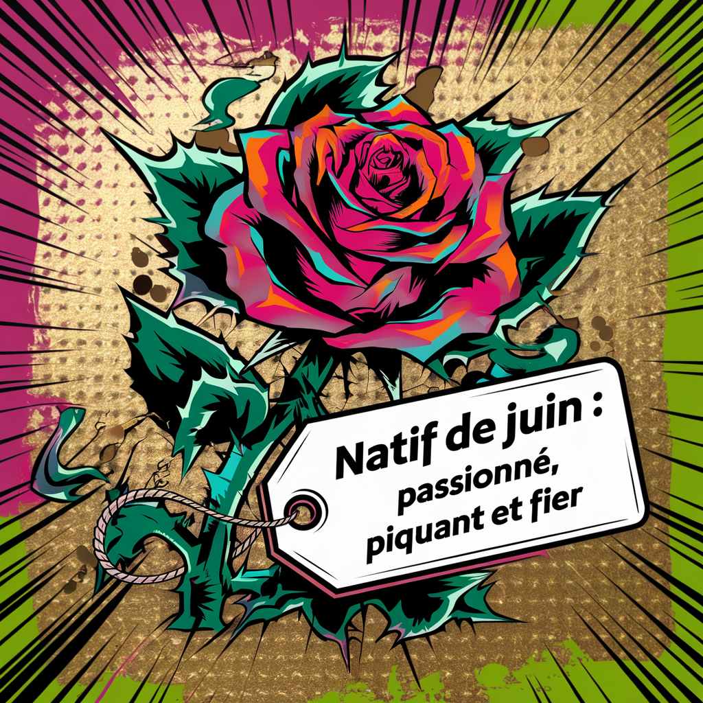 Rose épineuse pop art, étiquette natif de juin